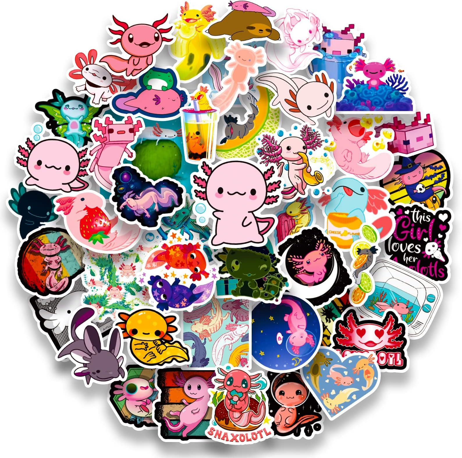 Axolotl Stickers,50 PCS Cute Axolotl Waterproof Stickers,Vinyl Stickers for Water Bottle,Laptop,Phone,Skateboard Stickers for Teens Girls Kids