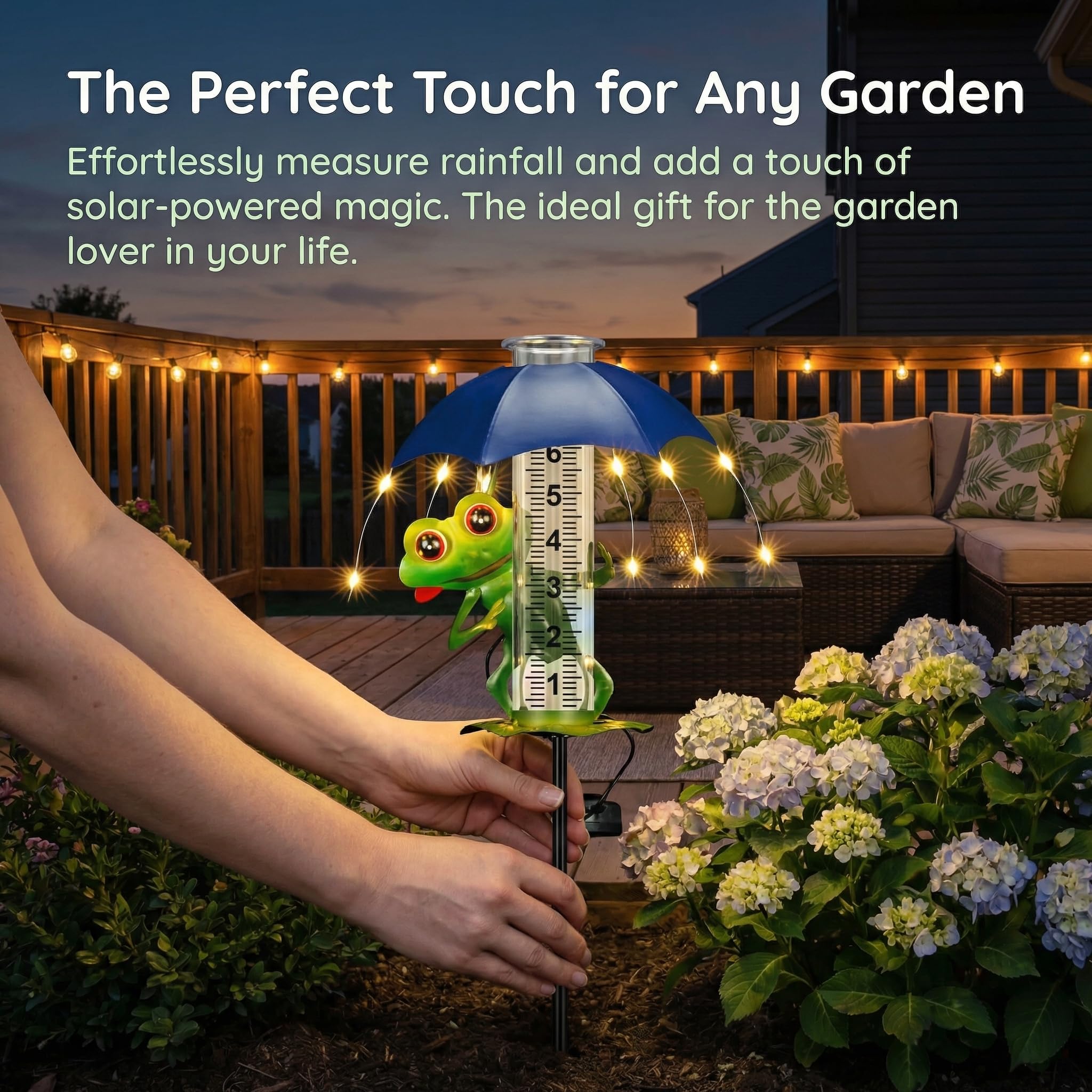 Pluviomètre solaire d'extérieur en forme de grenouille de 17,8 cm avec lumières LED pour cour, patio, décoration de jardin, jauge météo décorative pour jardin, cour, pelouse, terrasse