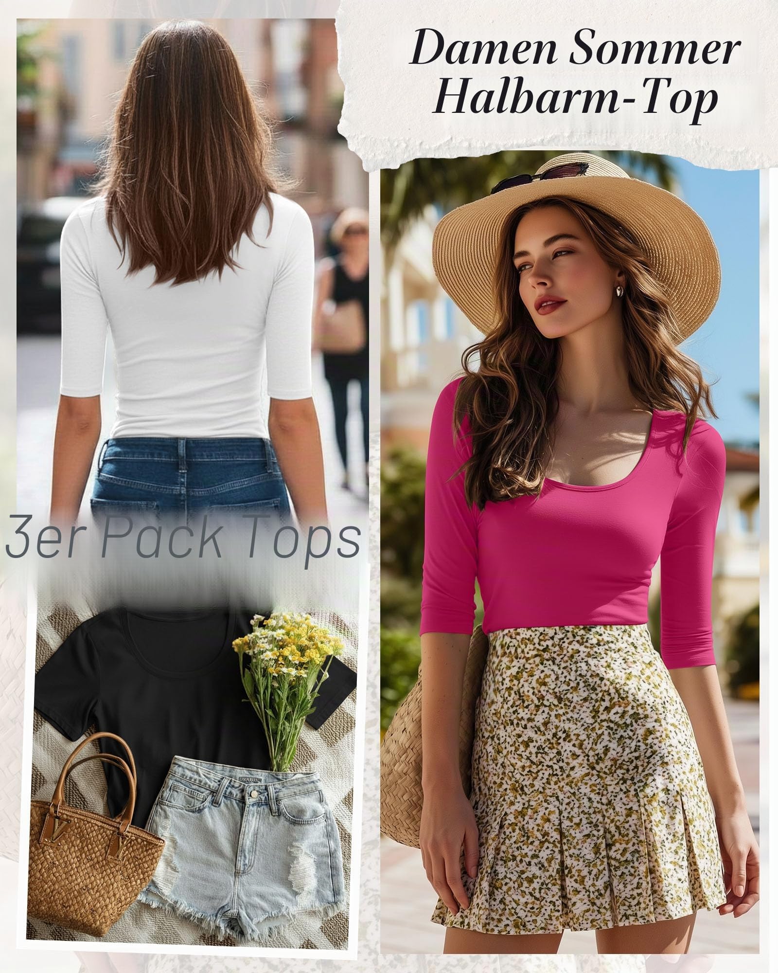 Neer 3er Pack Damen Tops Rundhalsausschnitt Halbe Ärmel Stretch Baumwollmischung Slim Fit Basic Sommer T-Shirts