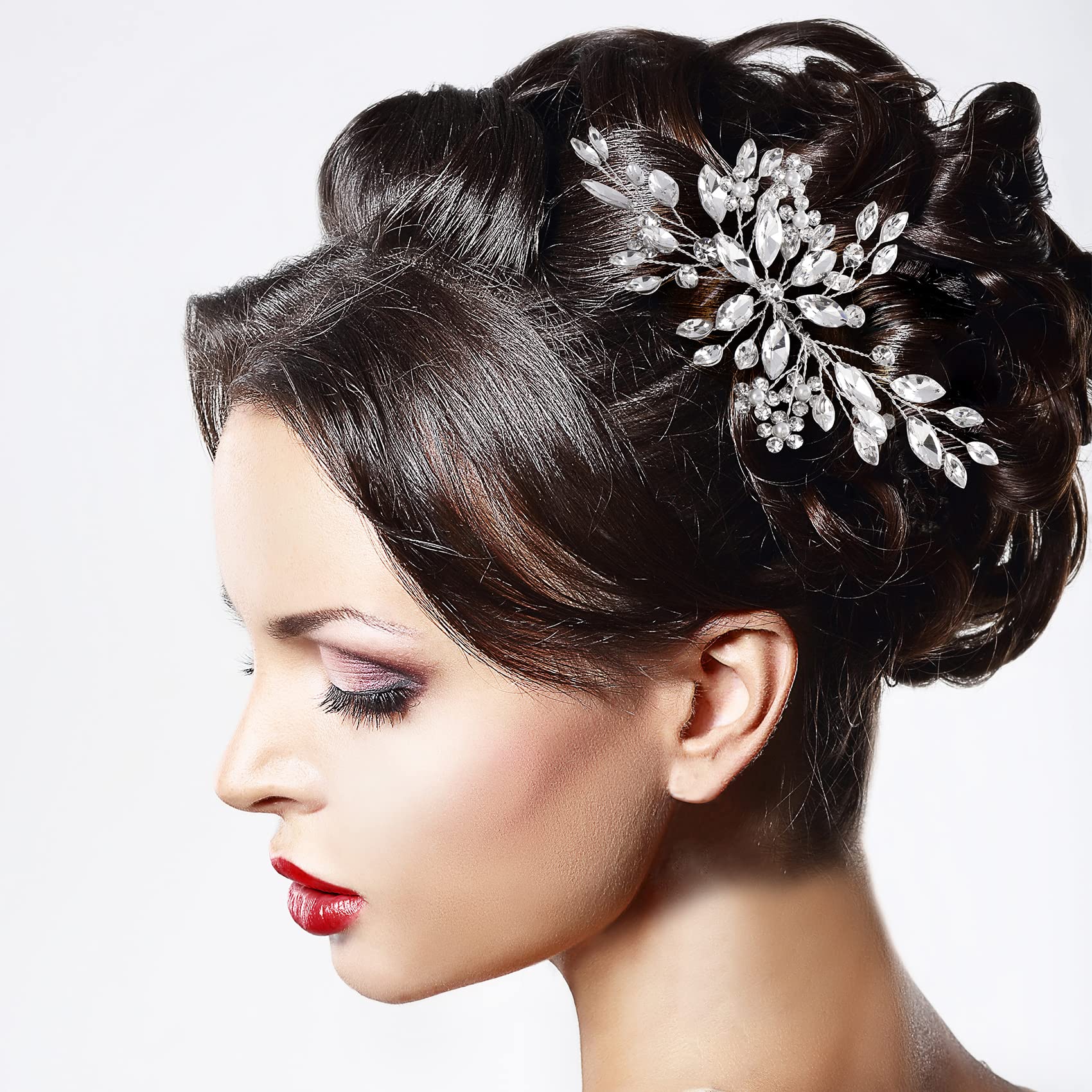 HINZIC Pettine per capelli da sposa in cristallo, con perle di fiori, accessori per capelli, per donne, ragazze, feste, cosplay, Natale, San Valentino, confezione da 1