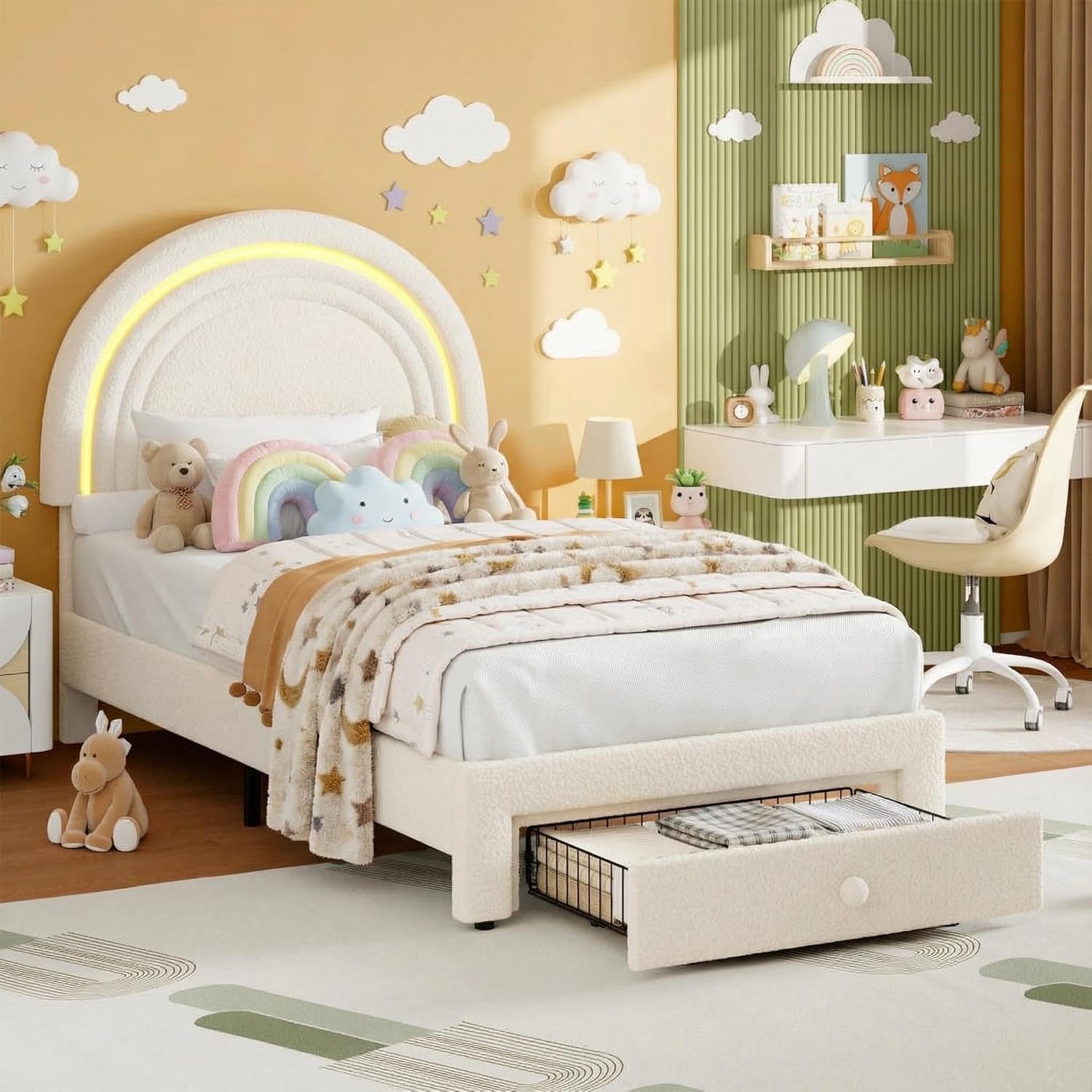IDEALHOUSE LED Kids Bed Frame - with Rainbow Headboard & Storage Drawer, Twin Upholstered Platform Bed with Warm Lamb Wool for Girls & Boys, Solid Wood Slats No Box Spring Needed,Beige