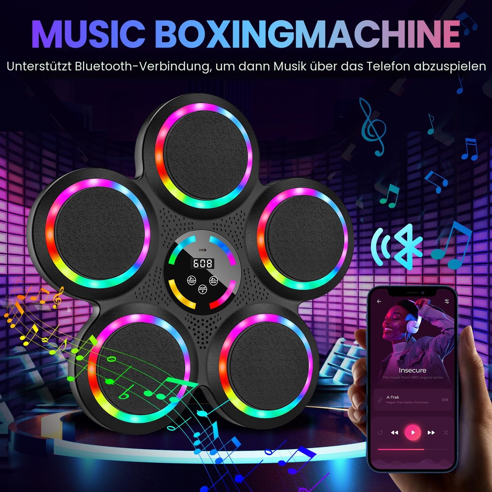 Music Boxing Machine, LED Elektronische Musik Boxing Machine mit 2 Boxhandschuhen, 9 Geschwindigkeiten, 9 Einstellbare Modi, Automatische Zählung, Geschenk Für Erwachsene und Kinder Exercise
