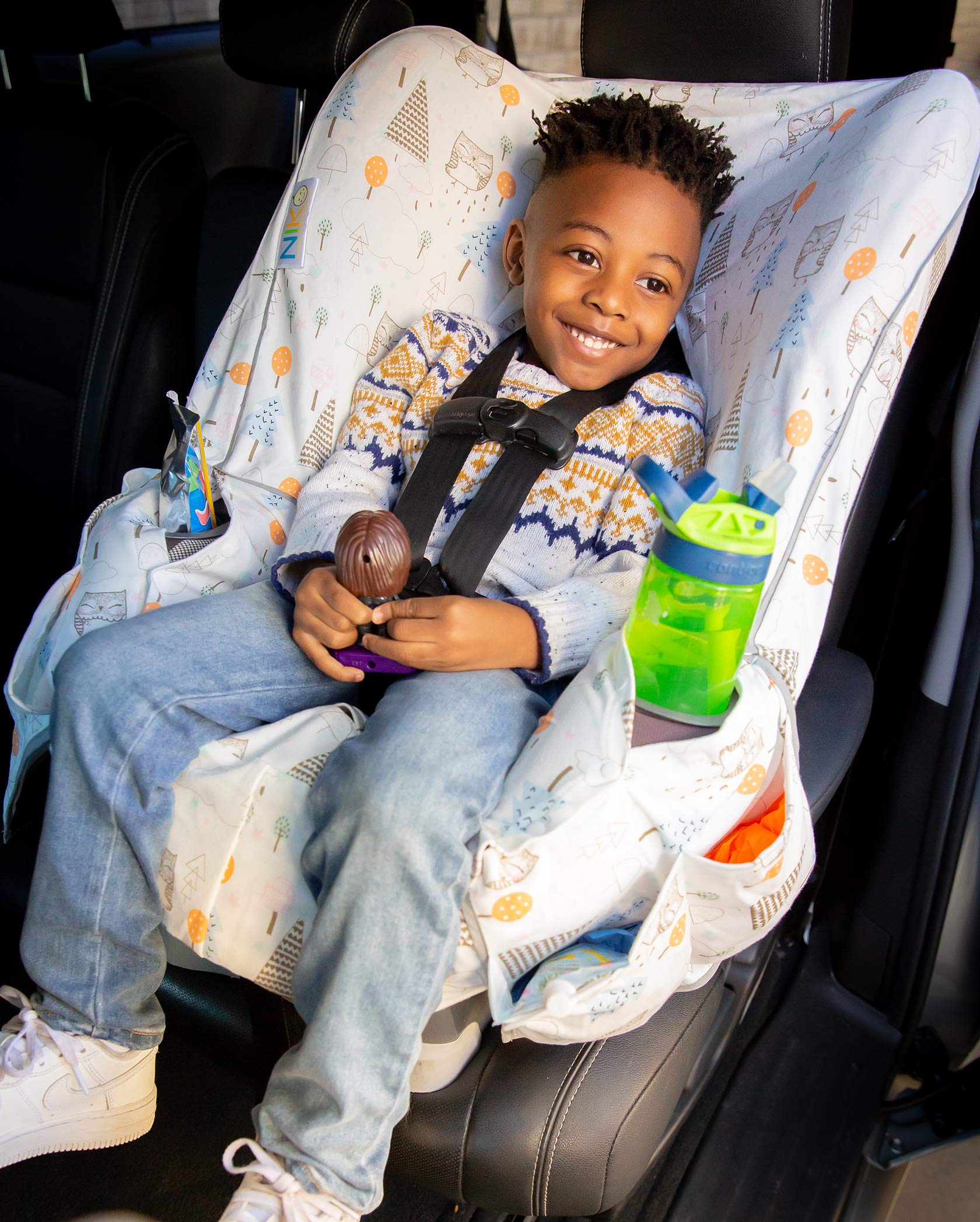 Niko Easy-Wash Children's Car Seat Cover Fodera – 100% jersey di cotone – gufo crema/multi – si adatta alla maggior parte dei seggiolini auto – misura universale – fondo impermeabile – lavabile in
