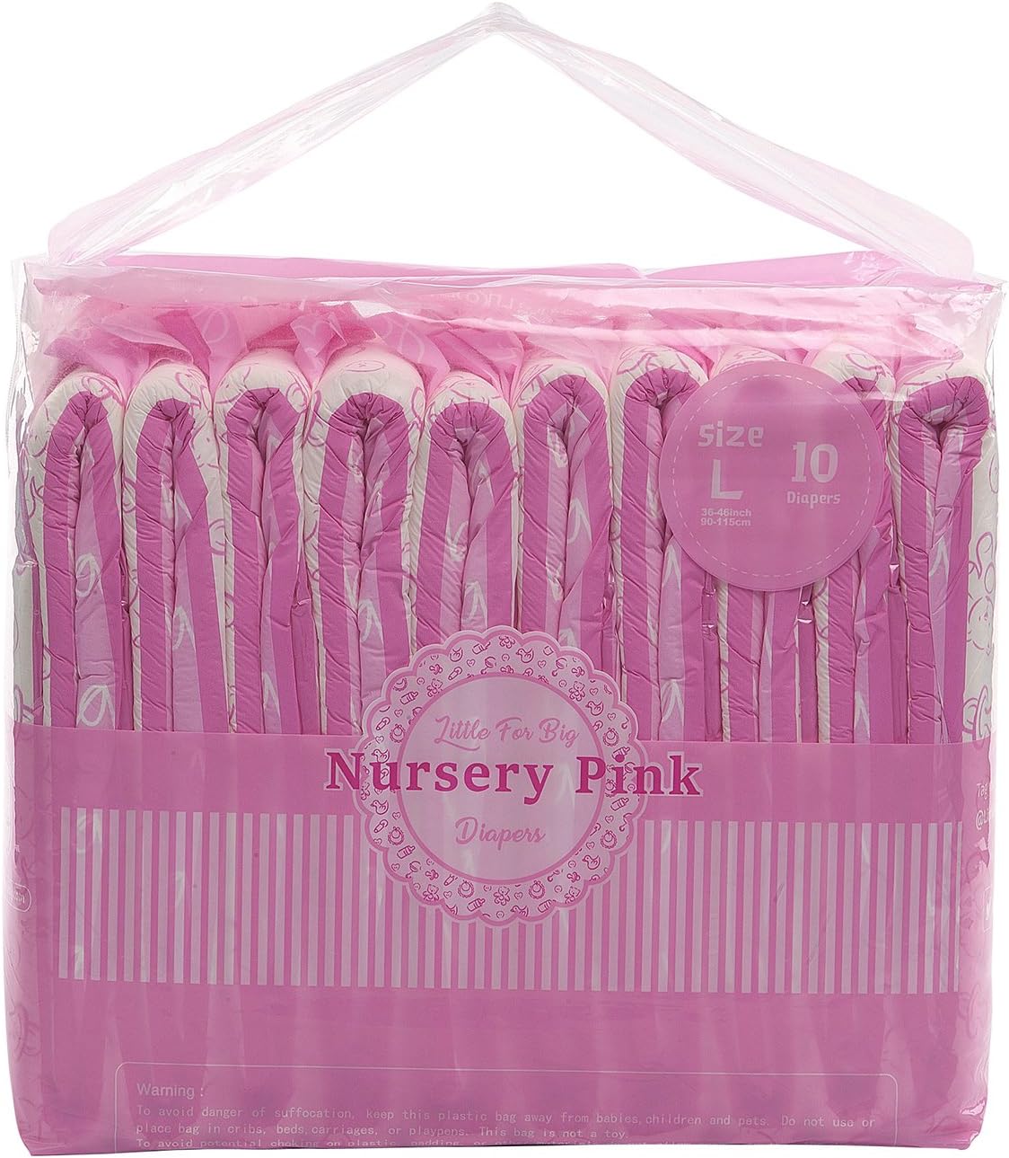 LittleForBig Adult Printed Diaper 10 Pieces - Nursery Pink (Large 90-115 cm)