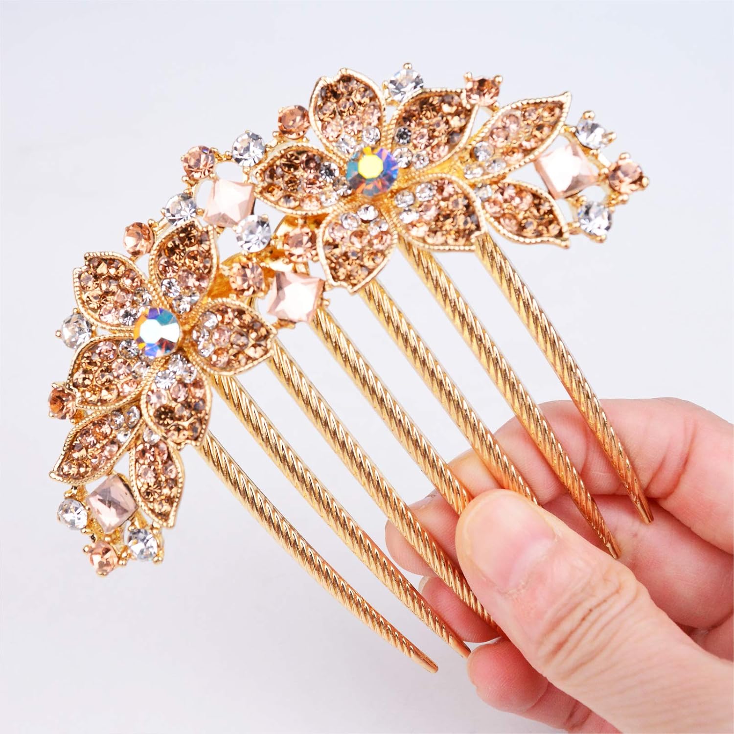 Women Rhinestone Inlaid Flower Hair Comb Hairpin Barrette Accessory,Also Perfect Mother's Day Gifts for Mom (Champagne) image 2