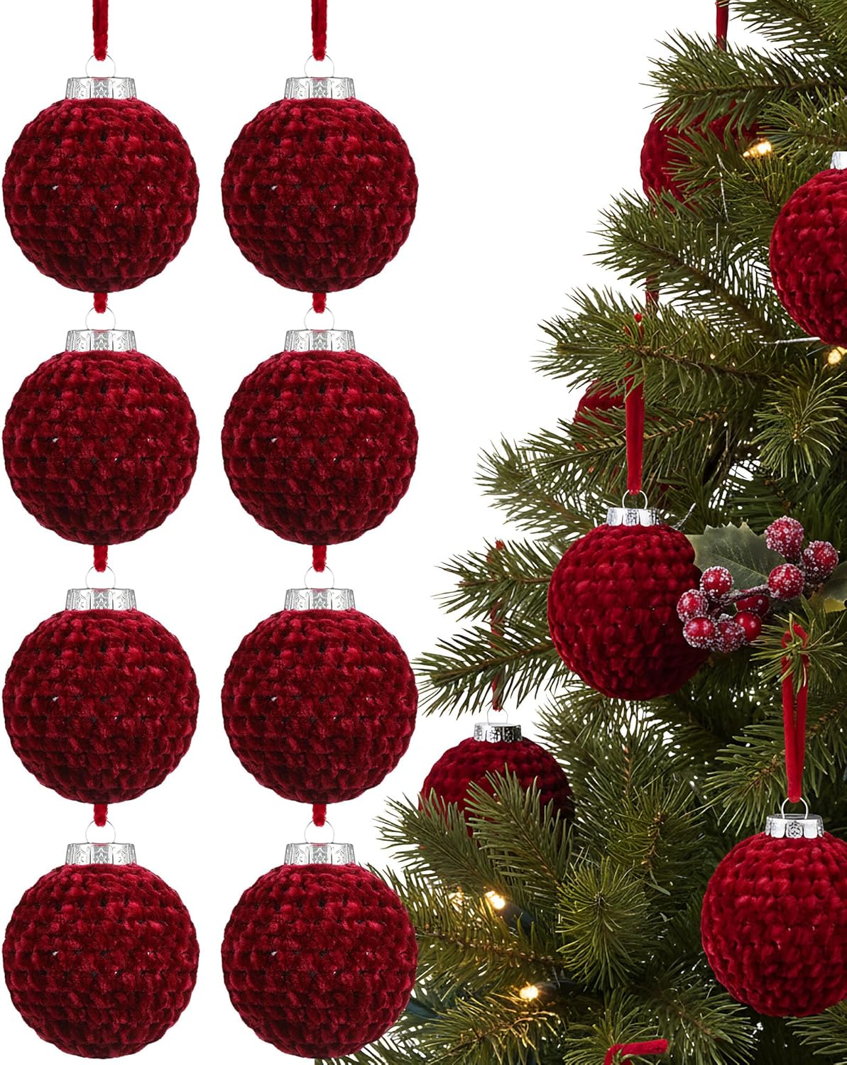 8 Pcs Burgundy Red Crochet Christmas Ornaments Balls 3.15 Inch Velvet Knitted Balls Ornaments Handmade Crochet Decoration for Xmas Tree Farmhouse Decor