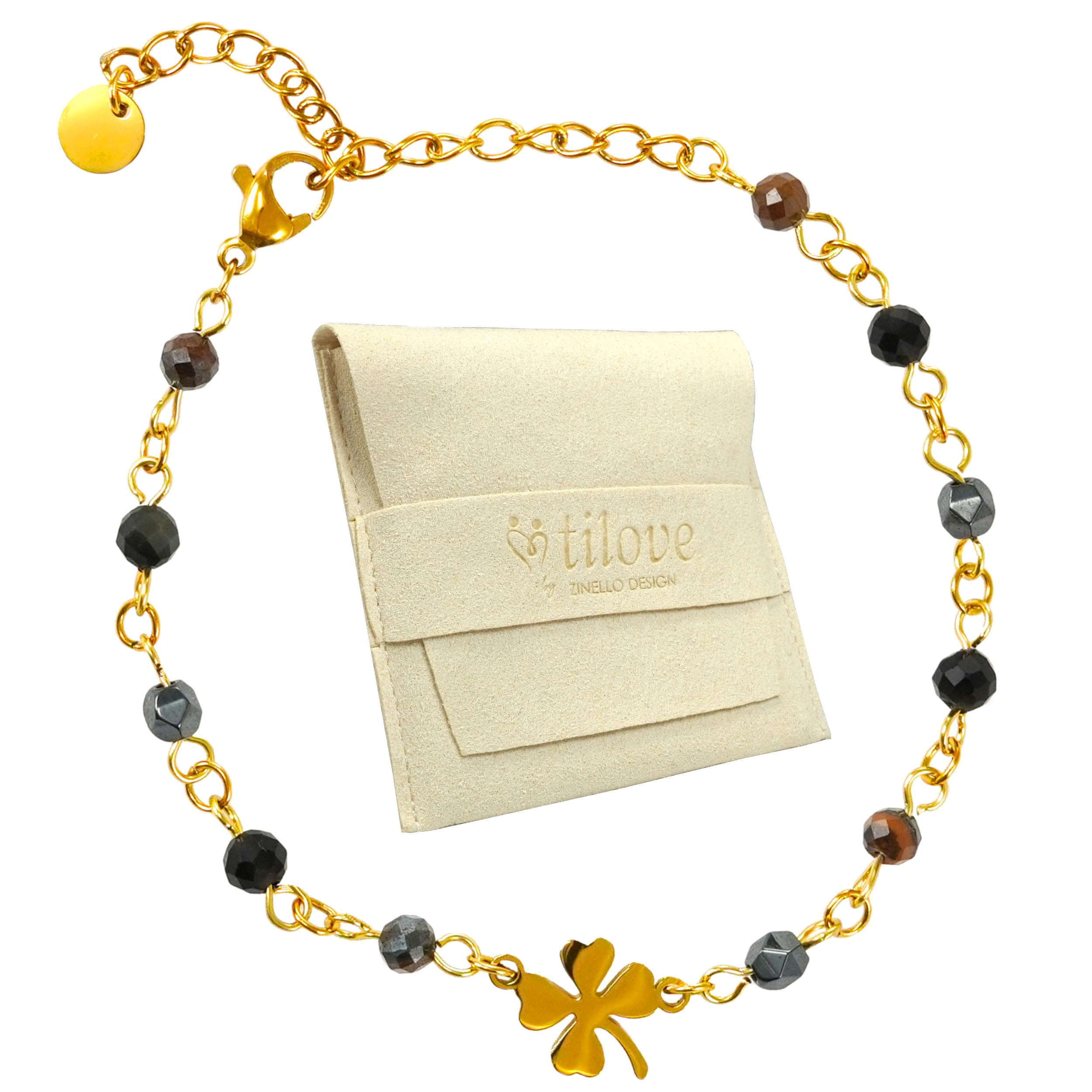 TILOVE Bracciale Donna Tripla Protezione: Occhio Di Tigre, Ossidiana Nera Ed Ematite Con Ciondolo Trifoglio Portafortuna In Acciaio, Regolabile