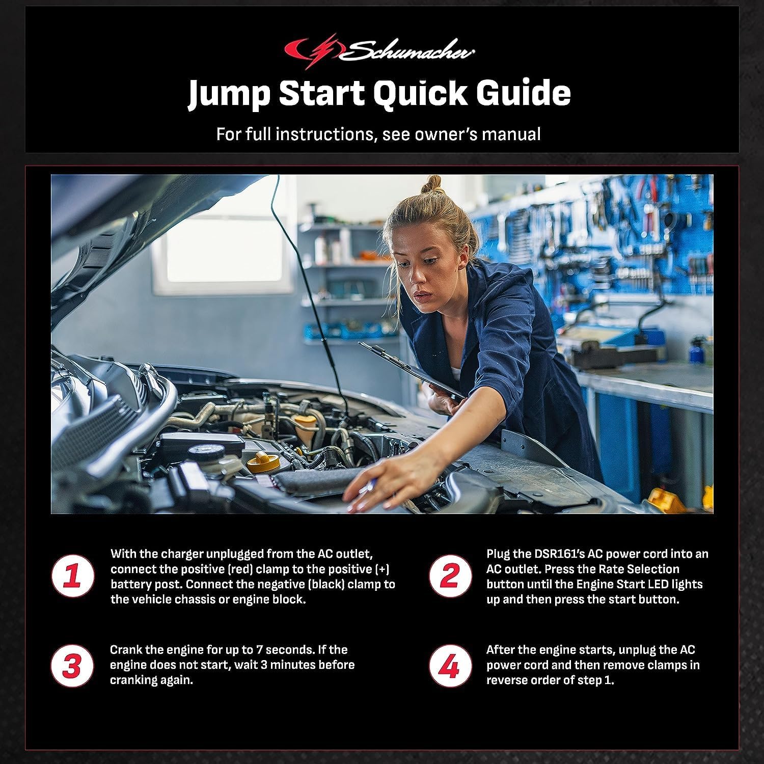 Quick guide for jump starting a vehicle using the Schumacher DSR161. Shows steps for connecting clamps and starting the engine.