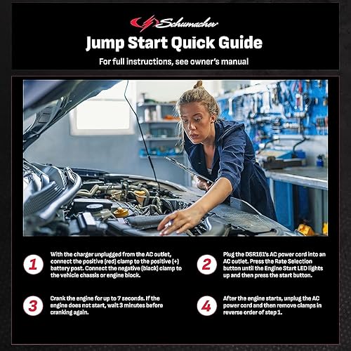 Miniatura 5 de Schumacher Electric DSR Pro Series - Cargador de batería con ruedas de 6 V / 12 V y arrancador de motor - Cargador de batería de coche resistente y