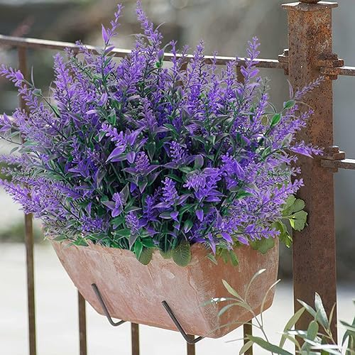 Miniatura 5 de CEWOR 10 paquetes de flores artificiales para exteriores, plantas de lavanda falsas para interiores, resistentes a los rayos UV, ramos de plástico
