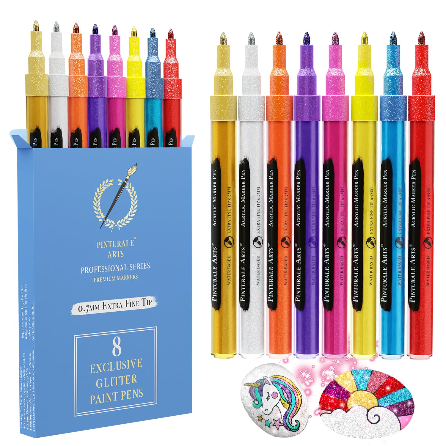 Set 8 Glitter Paint Pens For Crafts, Rock Painting, Wood, Glass, Fabric | Glitter Acrylic Paint Pens, Glitter Paint Markers | 0.7mm Extra Fine Tip