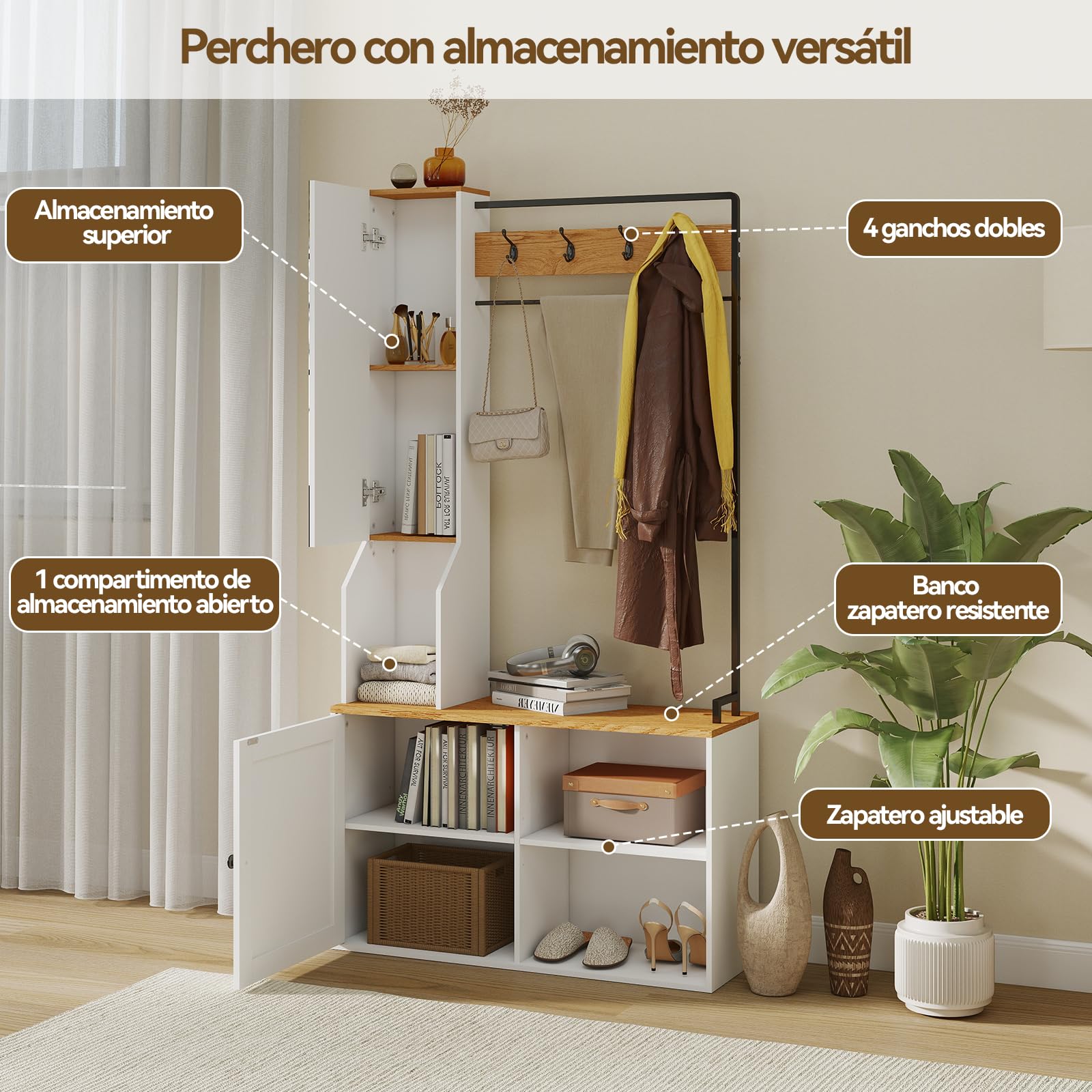 YU YUSING Perchero Zapatero Multifuncional, Perchero Entrada Recibidor | Espejo con Zapatero con Banco para Zapatos, Mueble Zapatero Recibidor Moderno con 4 Ganchos,90x30x170cm, Blanco y Natural