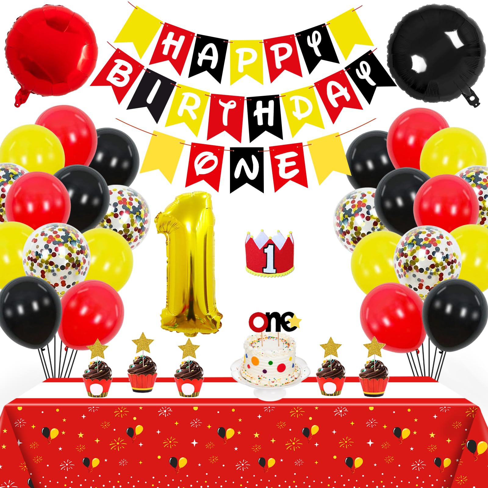 1st Red Black Yellow Birthday Party Supplies Decorations 58Pcs Happy Birthday ONE Banner Tablecloth 1 Foil Balloon Hat Door Sign Cupcake Topper Video