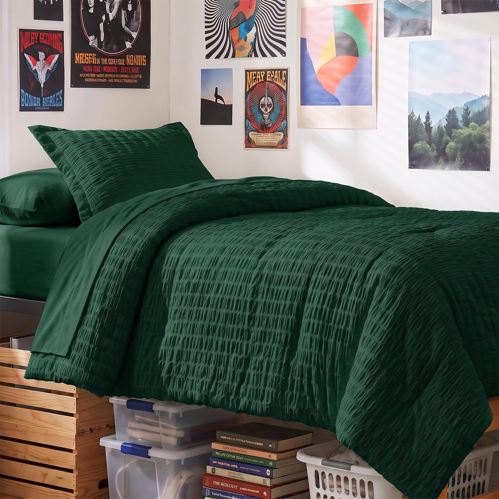 CozyLux Twin Comforter Set, 5 Pieces Emerald Green Seersucker Bed in a Bag