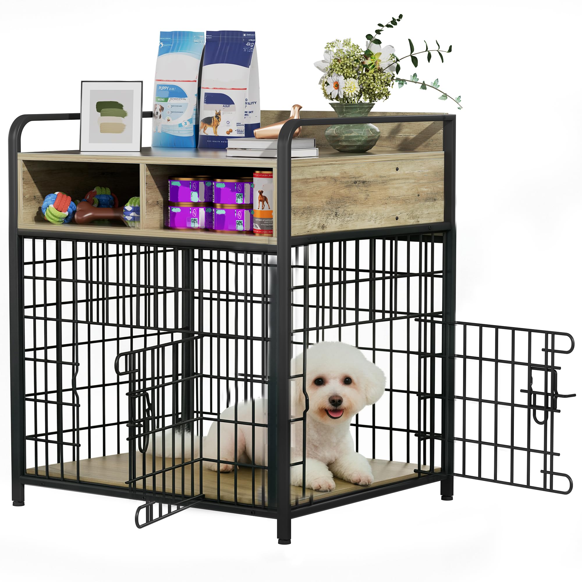 Chartyou Dog Crate Furniture with Storage, 70cm Wooden Dog Kennel Side Table with Dual Doors, Indoor Dog Cage TV Stand with Anti-Escape Lock, Rustic Pet Crate End Table for Small Medium Dogs — image 1