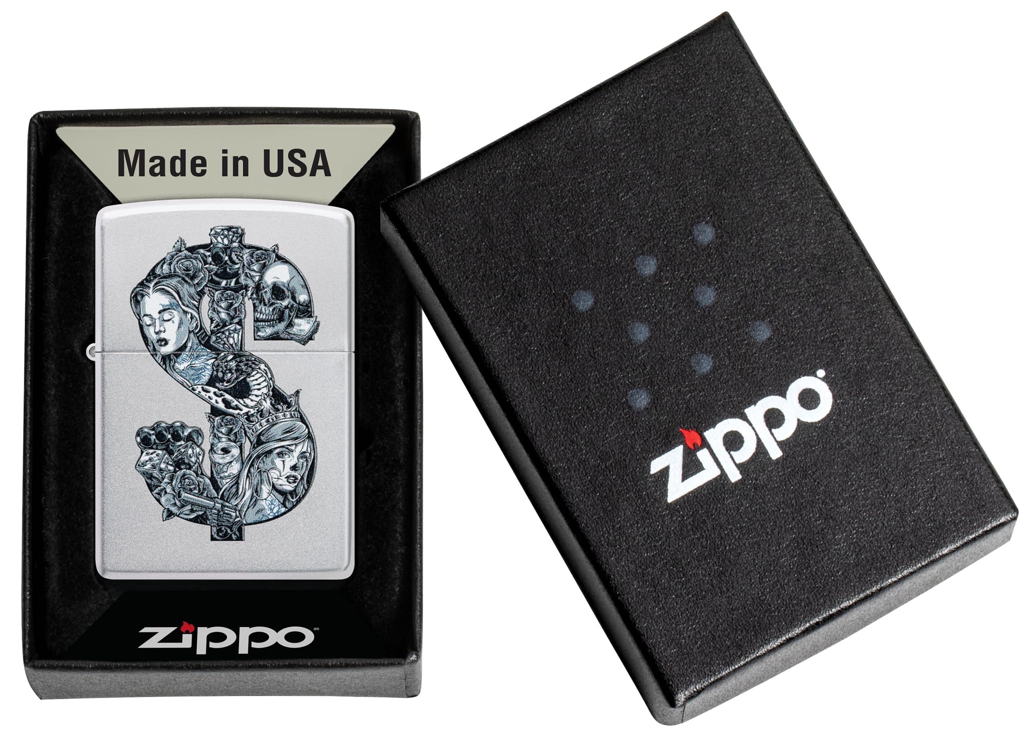 Zippo Tattoo Dollar Zapalniczka Sztormowa, Kolorowy Nadruk, do Napełniania, Wielokrotnego Użytku, Wiatroodporna Konstrukcja, Pudełko na Prezent, Wykonano w USA, Kolor Satynowy Chrom