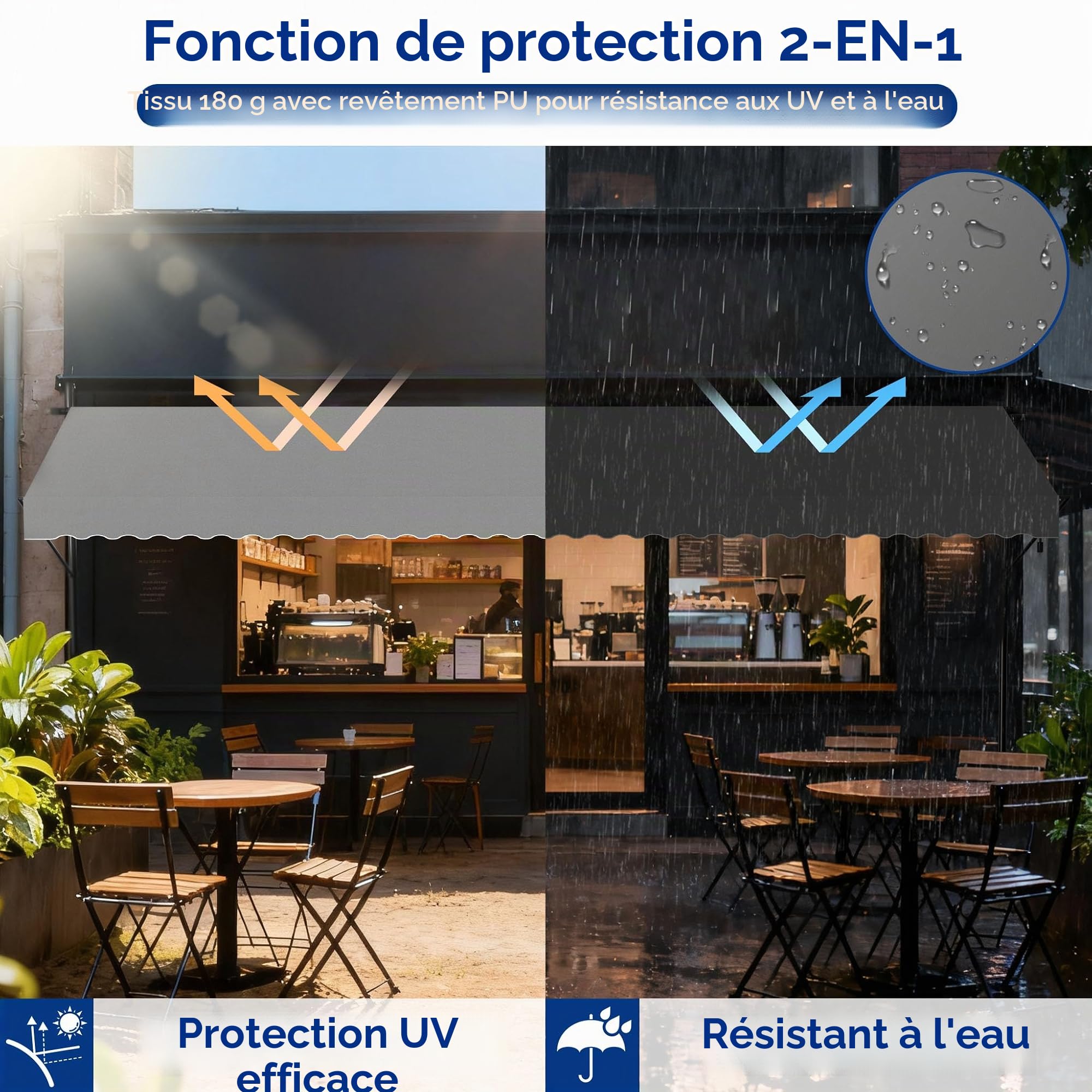 Aufun Store de balcon avec manivelle - 300 cm - Gris clair - Sans perçage - Protection solaire en polyester - Résistant aux UV et réglable en hauteur - 300 x 120 cm