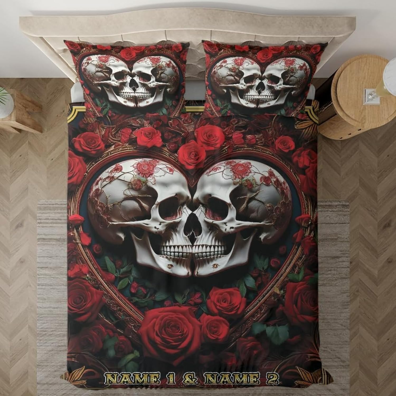 ThuhaTree Store Personalized Floral Skeleton Skull Couple Bedding Set – Dark Love Theme Bed Set for Couples Bedroom Decor (Style 2)