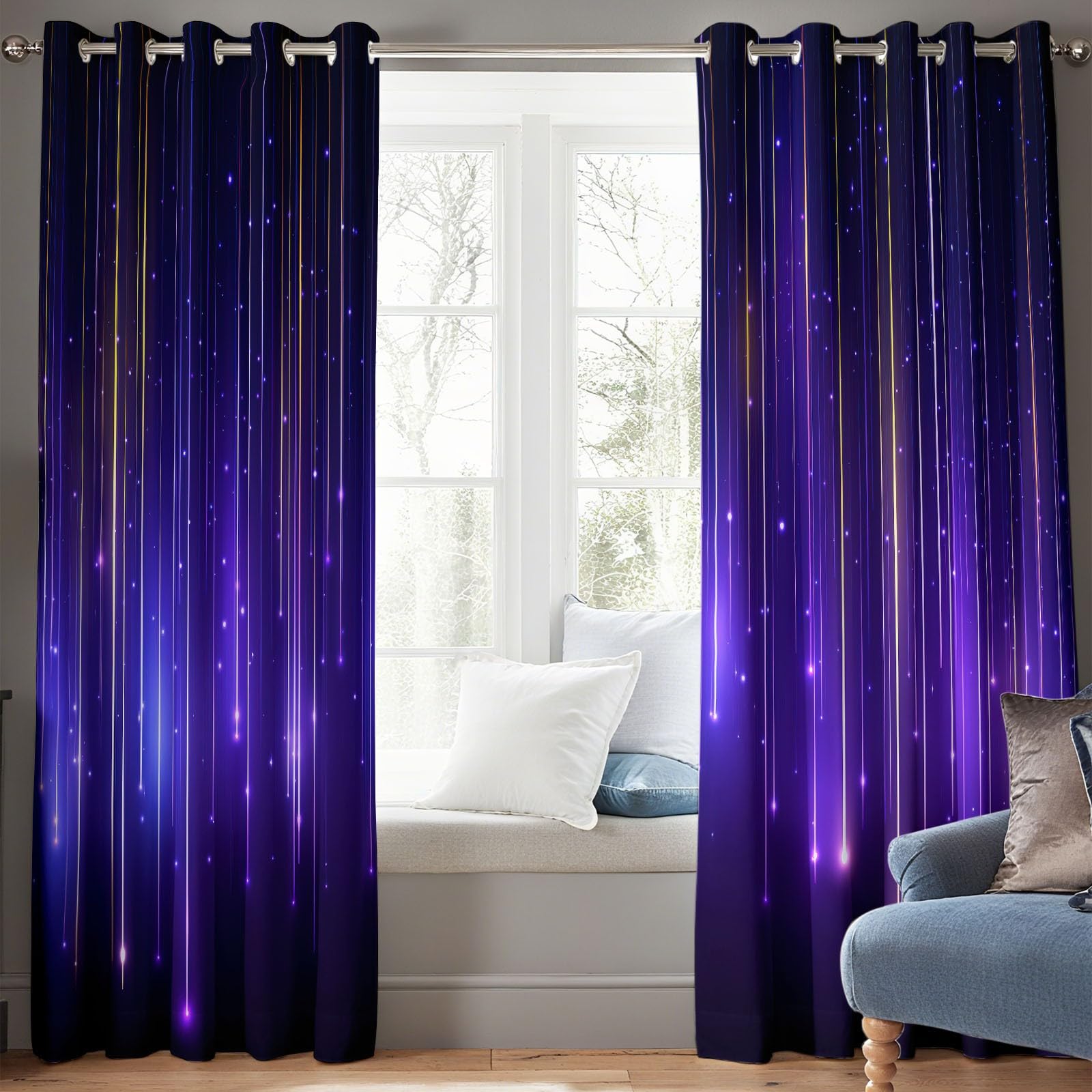 Blickdichter Thermovorhang, Kälte - Hitzeschutz Vorhänge, Verdunkelungsvorhang für Kinder Teenager, mit Muster Abstrakt Vertikal Licht Neon Tropfend, 215 x 110 cm H×B,Lila-Schwarz 2er Set