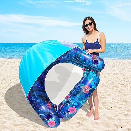 Miniatura 5 de FindUWill Flotadores de piscina con toldo para adultos  Silla flotante XL con portavasos y parasol extraíble, tumbona flotante inflable resistente