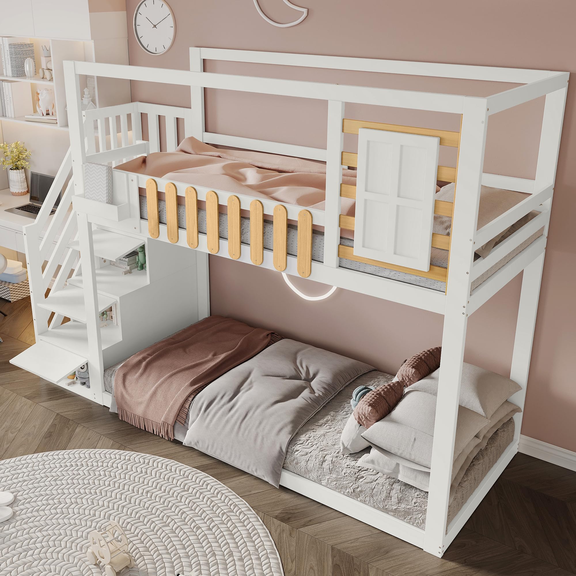 Lit cabane Enfants 90x200 Lit superposé Enfant lit Double lit Simple avec 3 casiers dans l'escalier, lit superposé avec escalier, fenêtre et étagère, lit Mezzanine, Protection Anti Chute, Blanc