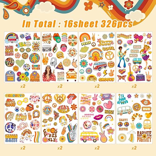 Miniatura 2 de Groovy - 326 calcomanías autoadhesivas de vinilo bohemio hippie, diseño de margaritas arco iris, paz, retro, para laptop, botellas de agua,