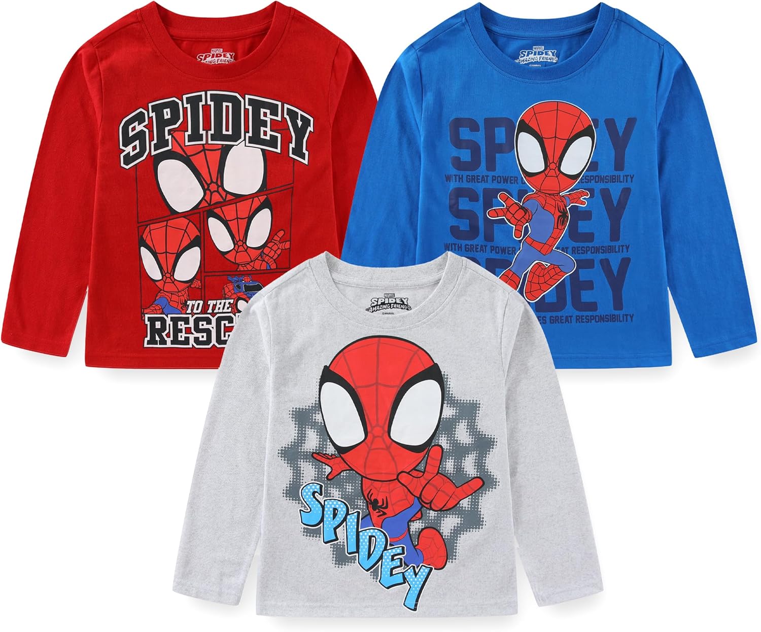 Marvel Spidey & His Amazing Friends Boys Long Sleeve Shirt 3 Pack for Toddler and Big Kids