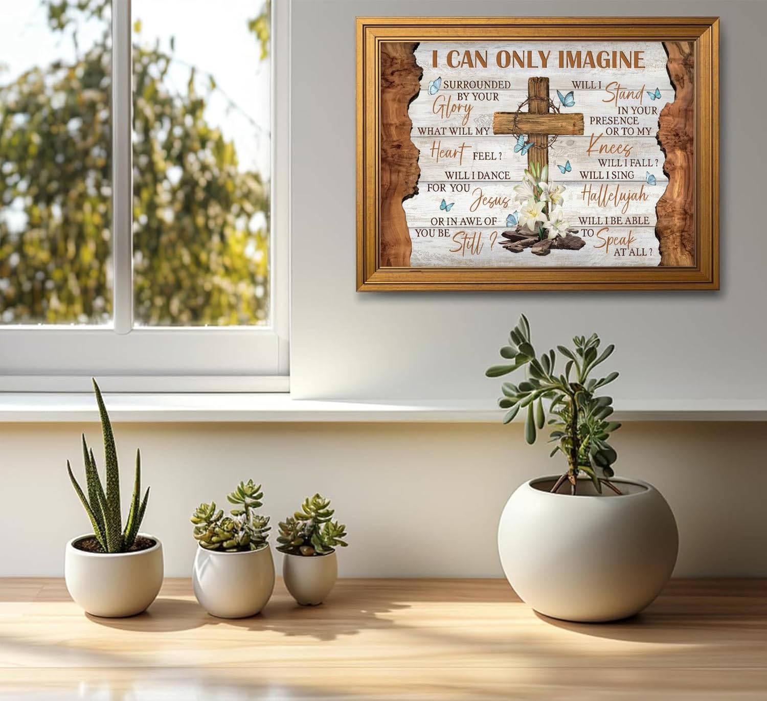 Gold Framed Christian Cross Wall Art, Butterfly Flower Picture Wall Decor, I Can Only Imagine Bible Verses Poster, Religious Faith Painting Print Artwork for Living Room Church Prayer Room 12x16 in