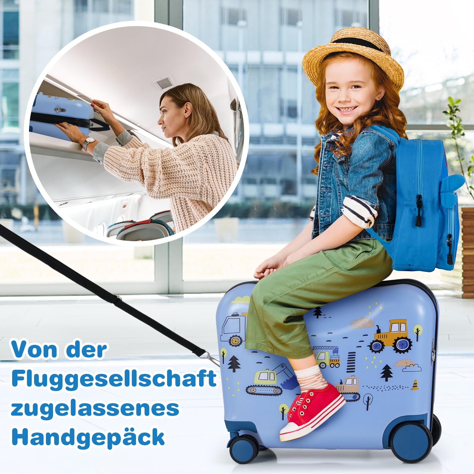 COSTWAY 2tlg Kinderkoffer + Rucksack, 12"+18" Kindertrolley mit Rollen & wasserdichter Hartschale, Kindergepäck mit Tragegurt, Seil & Fußstützen, Rollkoffer für Jungen Mädchen (Bagger)