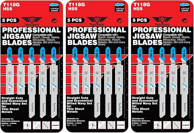 15 x TopsTools T118G Metal Cutting Jigsaw Blades Compatible with Bosch, Dewalt, Makita, Milwaukee and many more