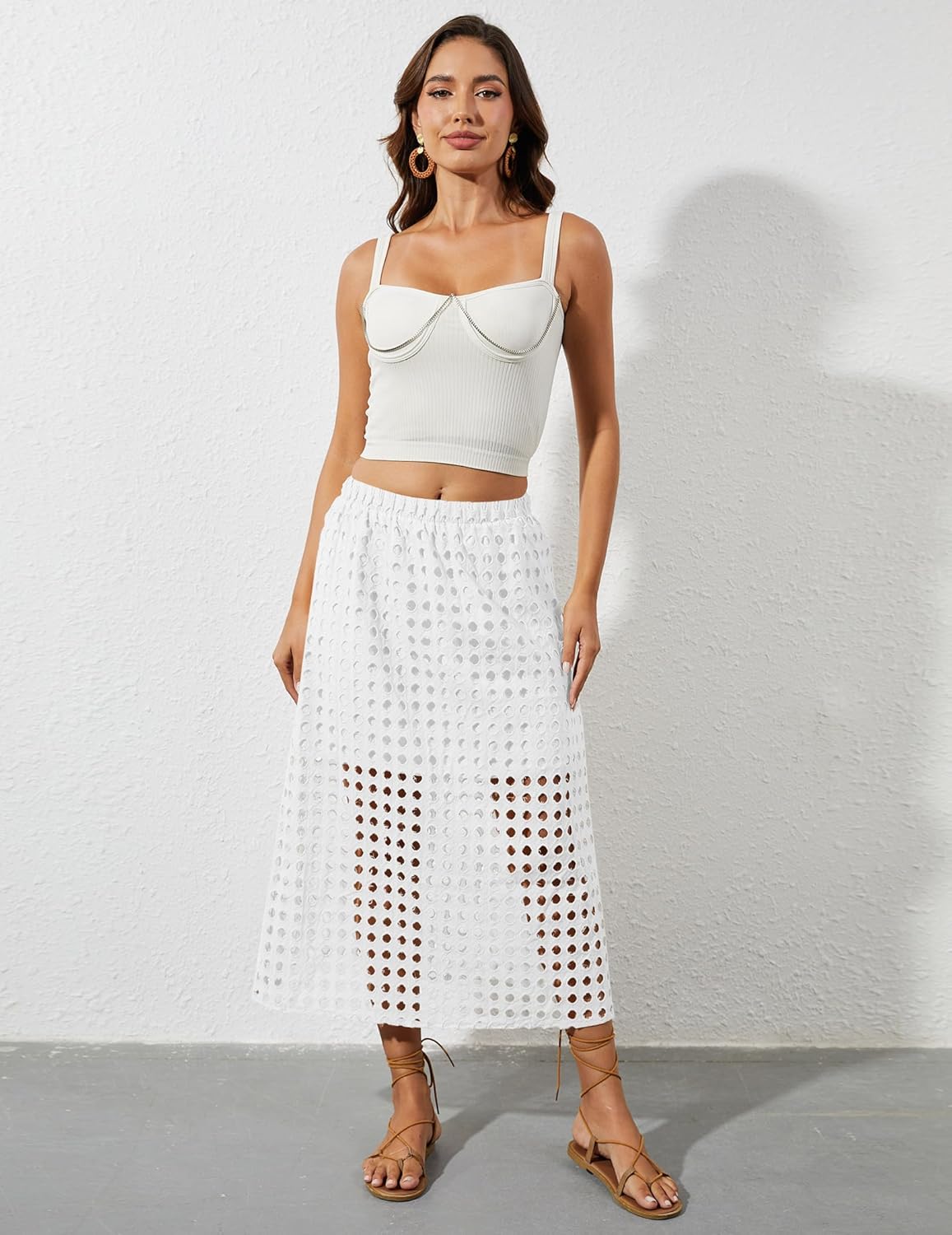 2025 Summer Casual Long Skirt for Women Hollow Out Midi Skirt Eyelet Beach Skirt - Image 3