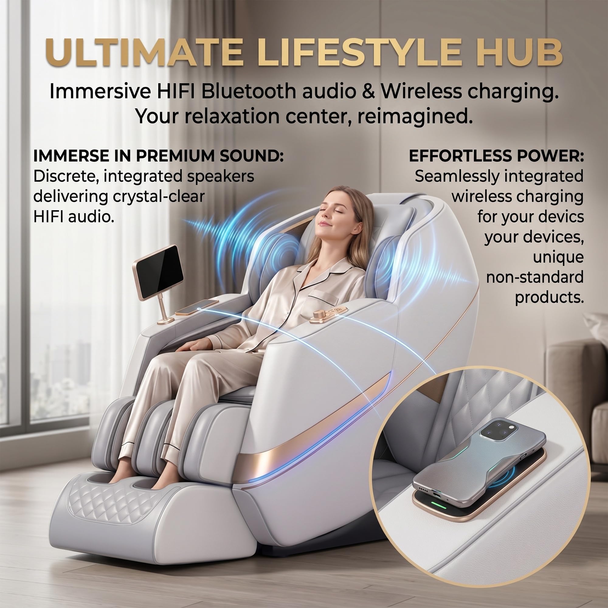 Sillón de Masaje Eléctrico Gravedad Cero con Control por Voz AI, Carril SL, Calor en Espalda y Piernas, Música Bluetooth HiFi, Carga Inalámbrica, 6 Modos(Gray)