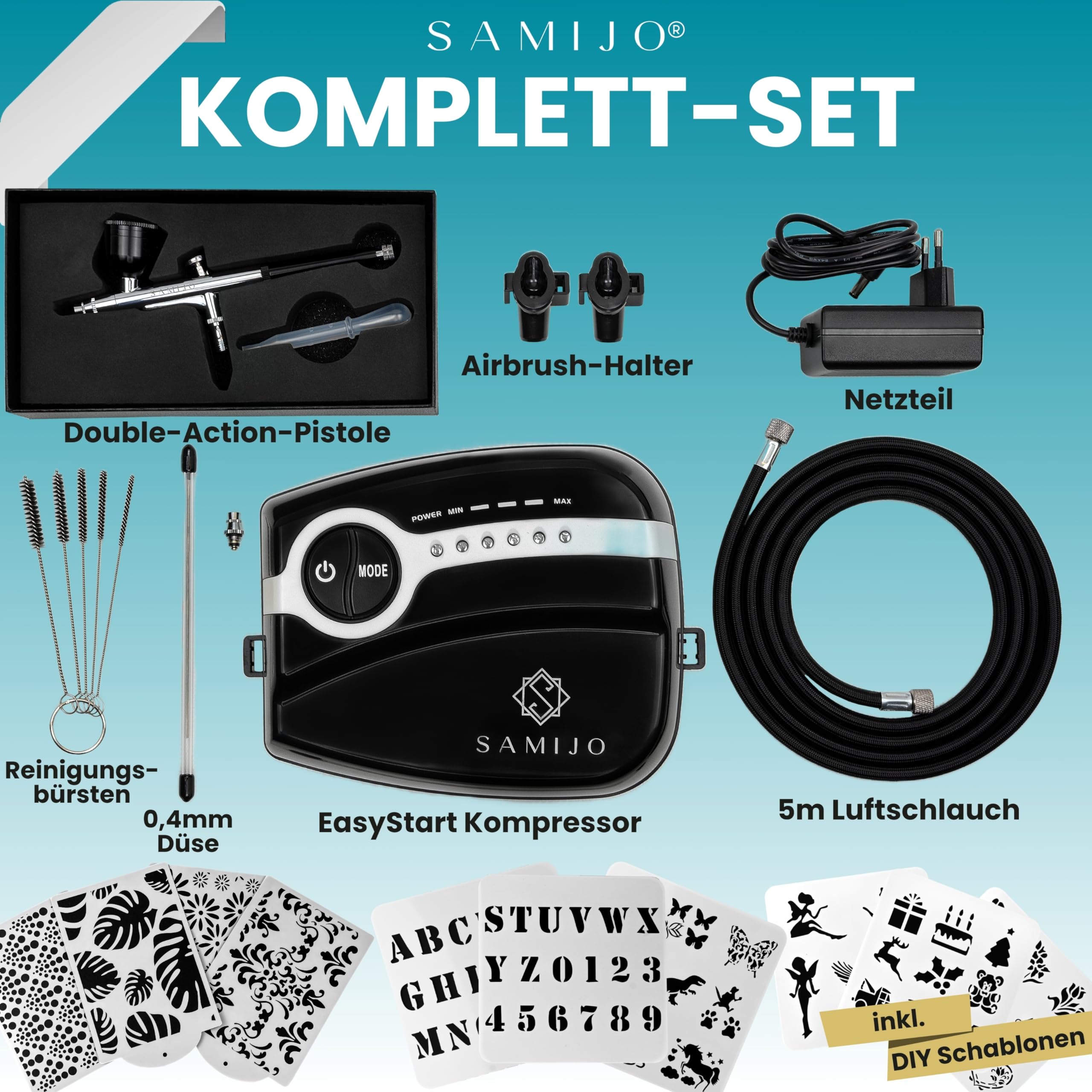 SAMIJO Set aerografo con compressore, set aerografo per modellismo, pittura in miniatura, fai da te, pistola per aerografo a doppia azione, kit completo, grafitti, pittura in miniatura, artigianato,