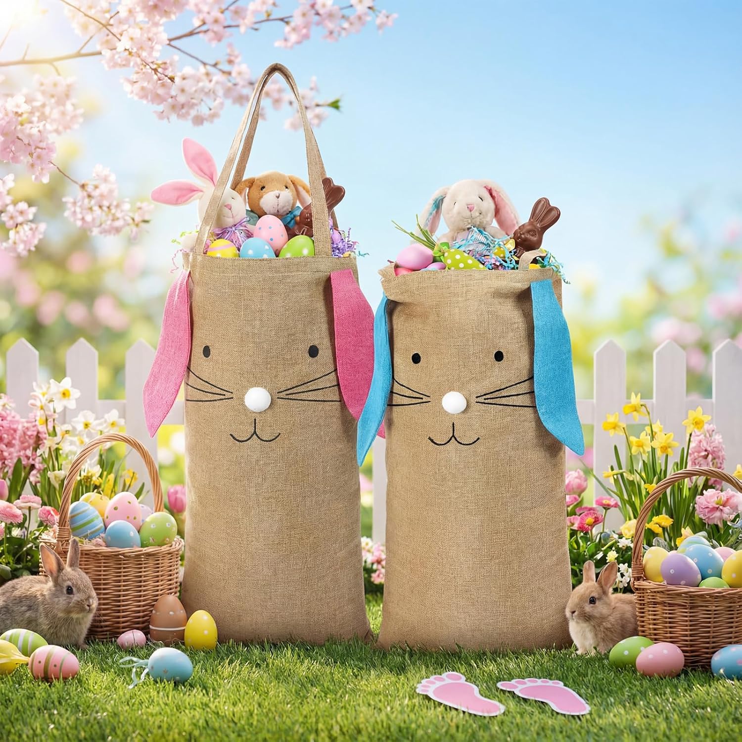 Sweetude Extra Large Easter Gift Bags 30 Inch Bunny Bags with Handle Easter Sacks Reusable Bunny Burlap Gift Sacks for Egg Hunt Spring Party Supplies(Pink and Blue Ear) - Image 4