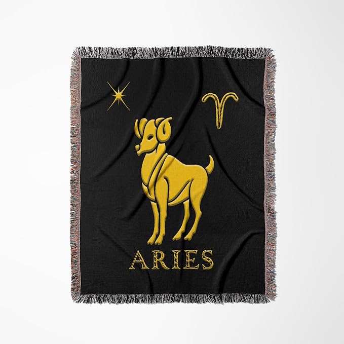 3dRose Aries Zodiac Sign. Image of a ram, Star and a Symbol. Yellow on Black Woven Blanket