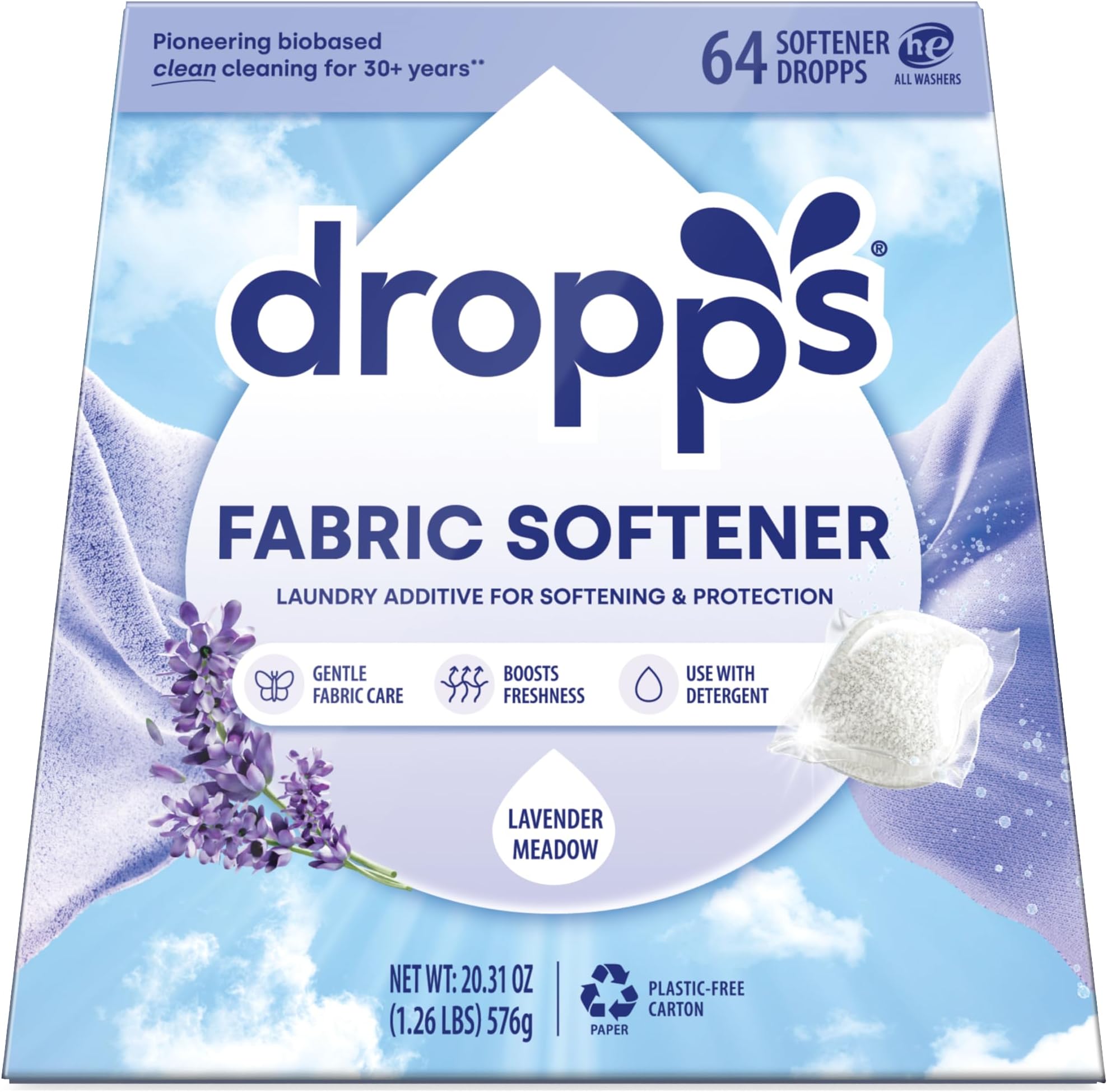 Dropps Fabric Softener Pods: Lavender Eucalyptus | 64 Count | HE Compatible + All Washers | Cold Wash + All Temperatures | Softness + Freshness | Low Waste Packaging