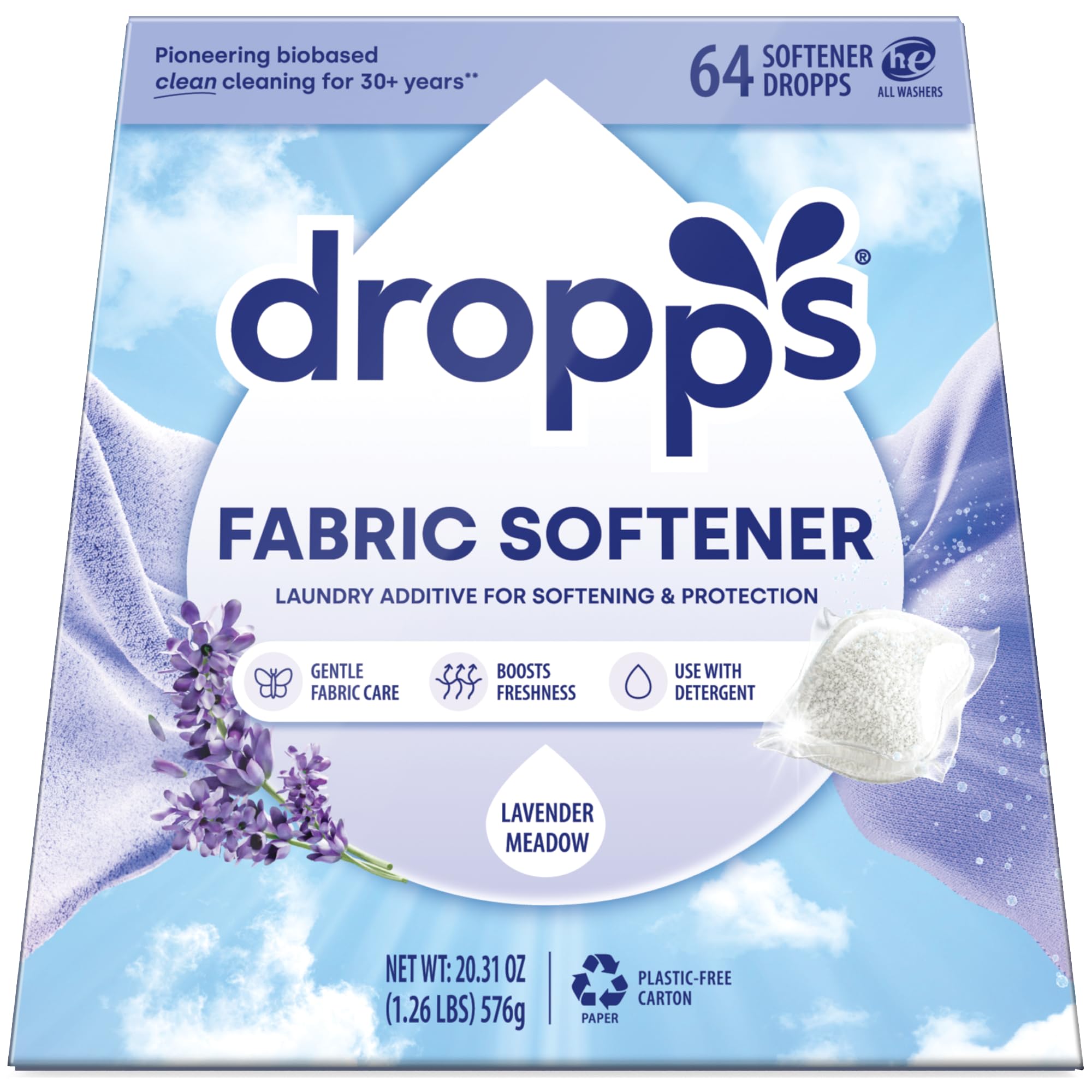 Dropps Laundry Fabric Softener Pods, Lavender Meadow (64 Pods) - Laundry Additive for Softening & Protection - HE Compatible Mineral Based Ingredients Laundry Supplies