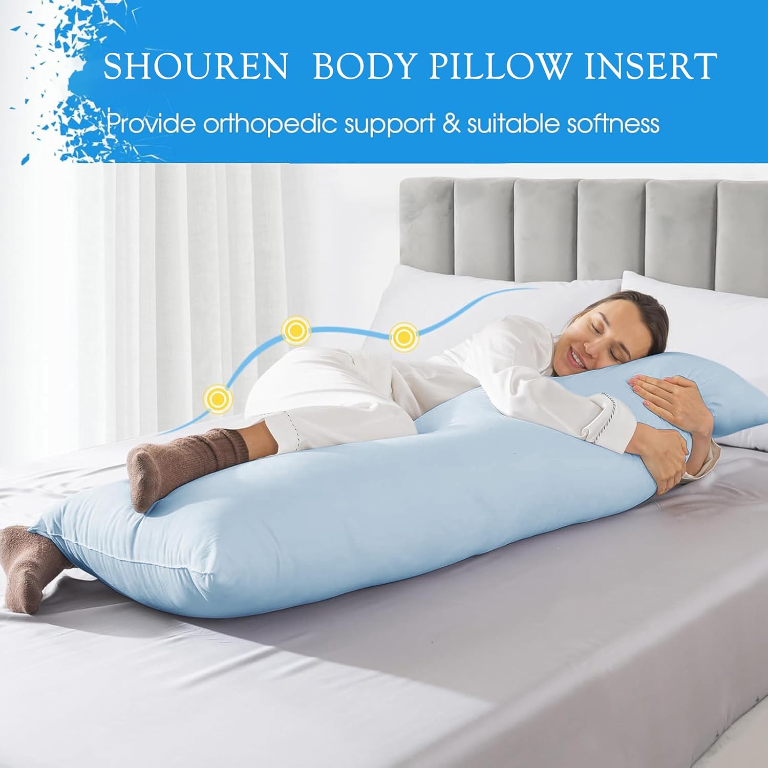 SHOUREN Cotton Body Pillow Insert - Cooling Breathable Full Body Pillow for Side Sleeper - Soft Long Bed Pillow for Adults - 20 x 54 inch-Blue