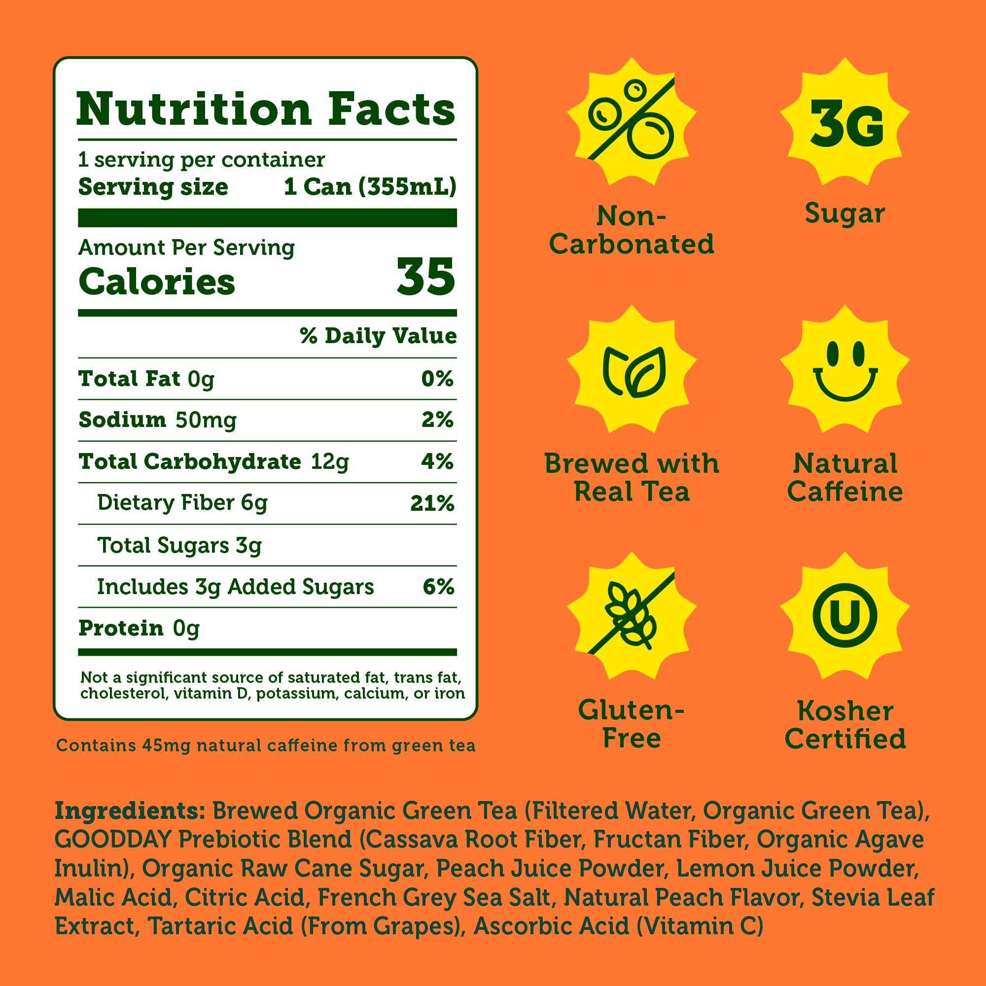 Halfday, Prebiotic Peach Iced Tea, 12 Fl Oz Can