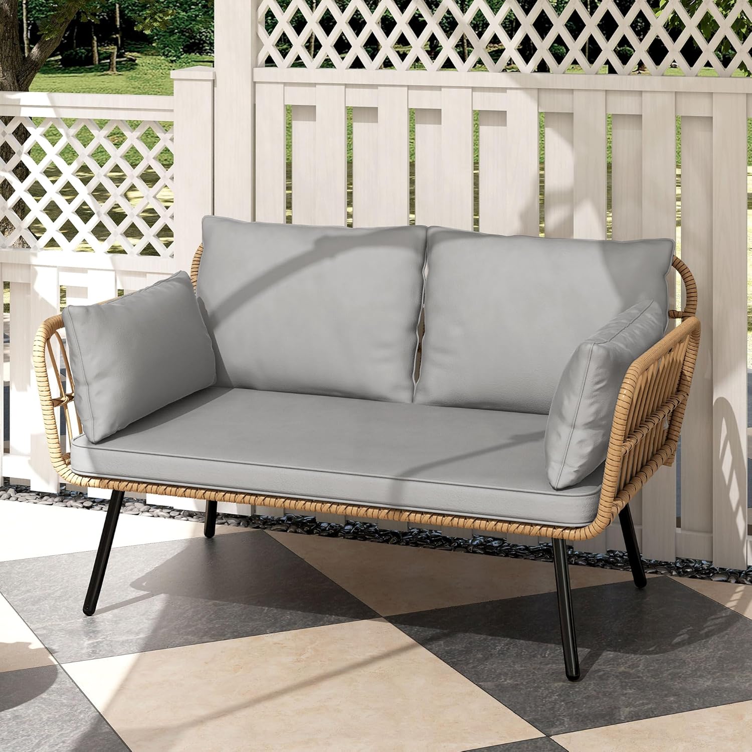 DWVO Wicker Patio Loveseat, All-Weather Rattan 2-Seat Sofa with Cushions & Lumbar Pillows, Outdoor Patio Furniture Set for Patio, Balcony, Backyard, Deck, Poolside (Grey)
