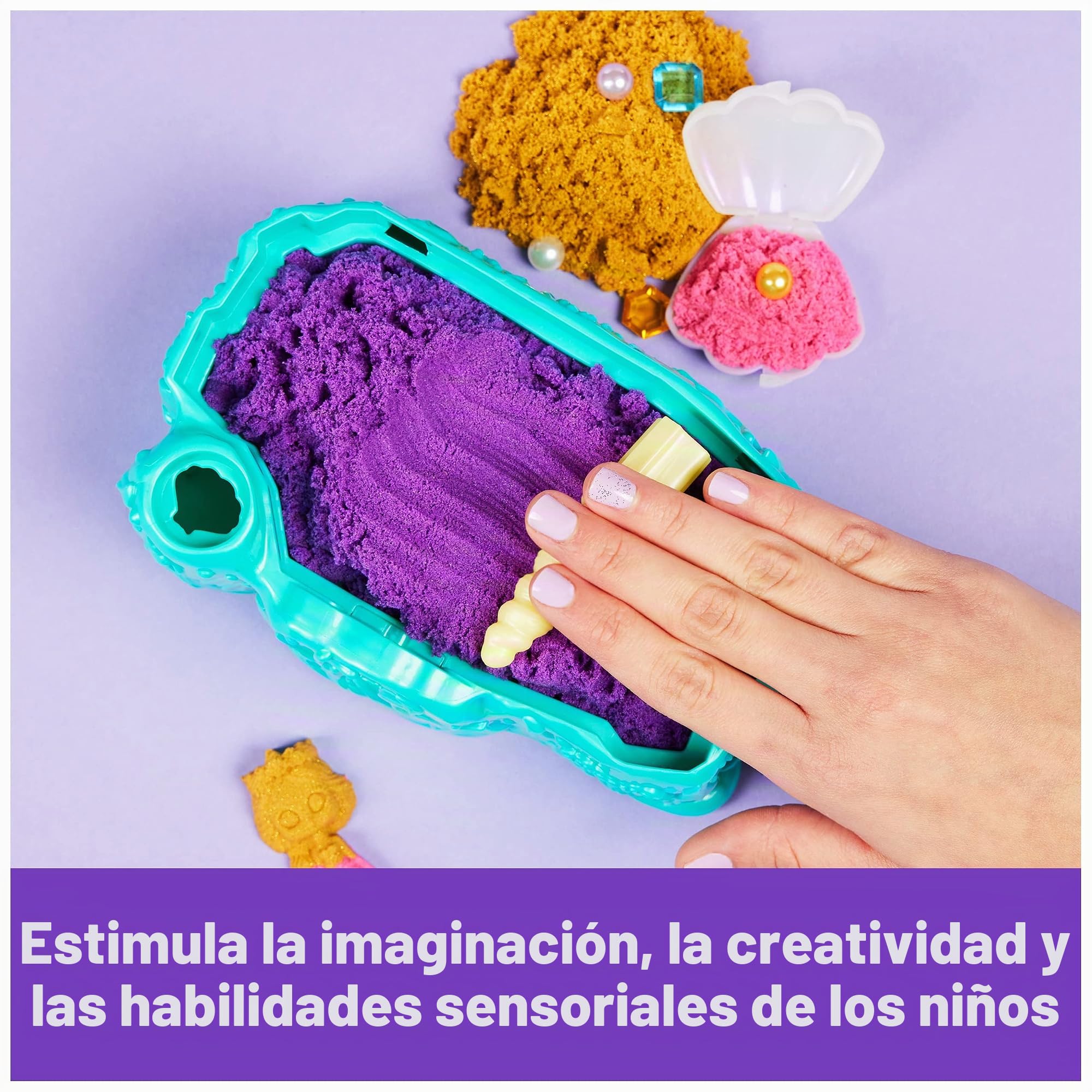 Kinetic Sand, Juego de cristal de sirena, 481 g de arena de juego, arena brillante dorada, almacenamiento y herramientas, juguetes sensoriales para niños a partir de 3 años