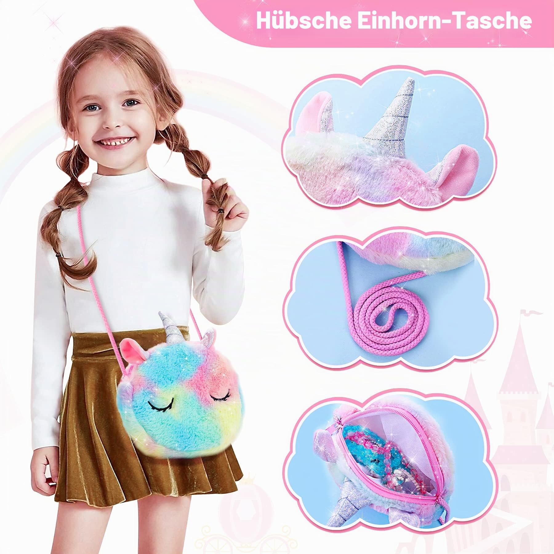 Prinzessin Schuhe Mädchen - ELSA Kostüm Spielzeug - Schmuck Zubehör 3 Paar stöckelschuhe Kinder Einhorn Geldbörse für Geschenk