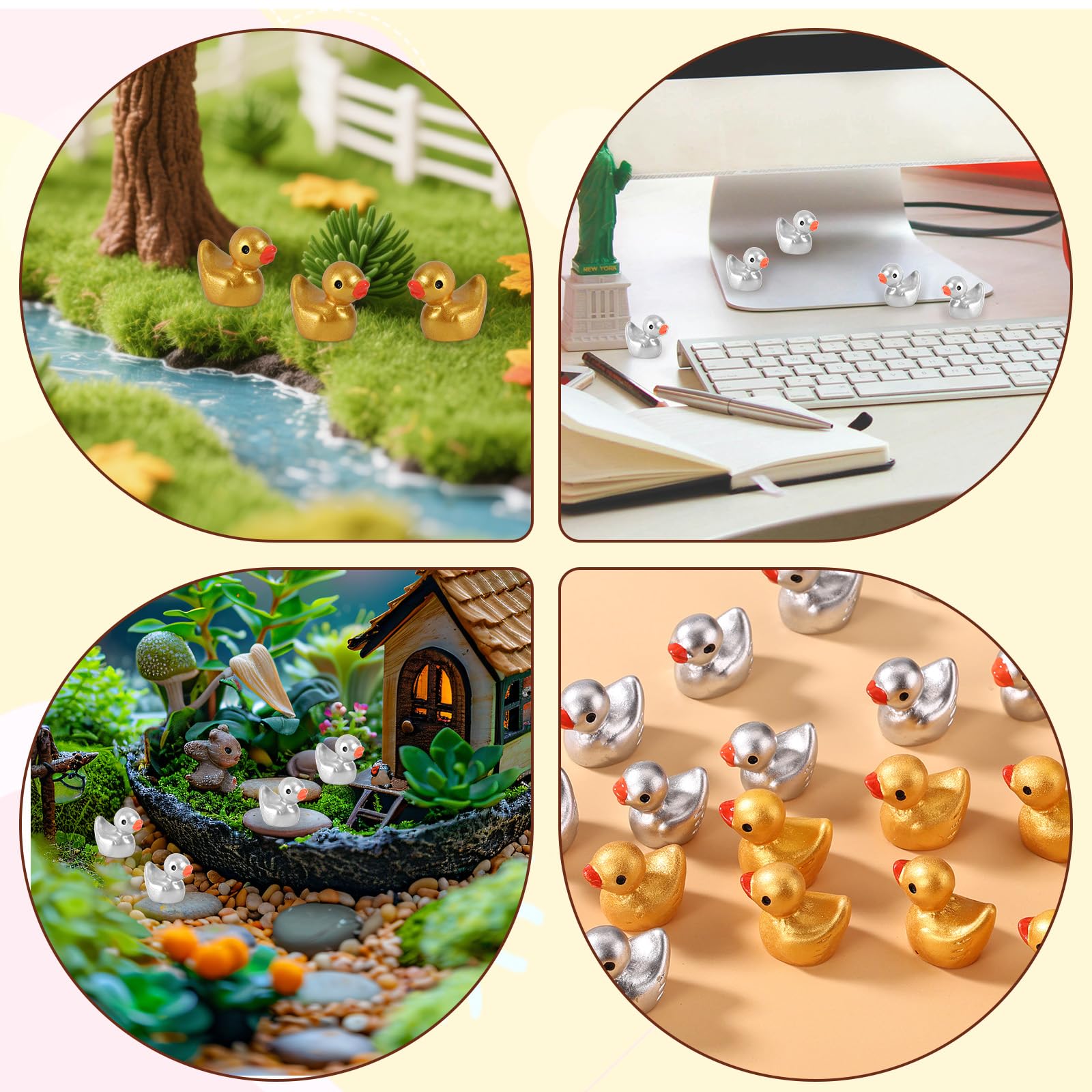 50 Sztuk Złoto & Srebro Mini Żywica Kaczka Figurki, Maleńkie Słodkie Miniaturowe Kaczki Posąg dla Wróżka Ogród Mikro Krajobraz Tort Topper DIY Dekoracja