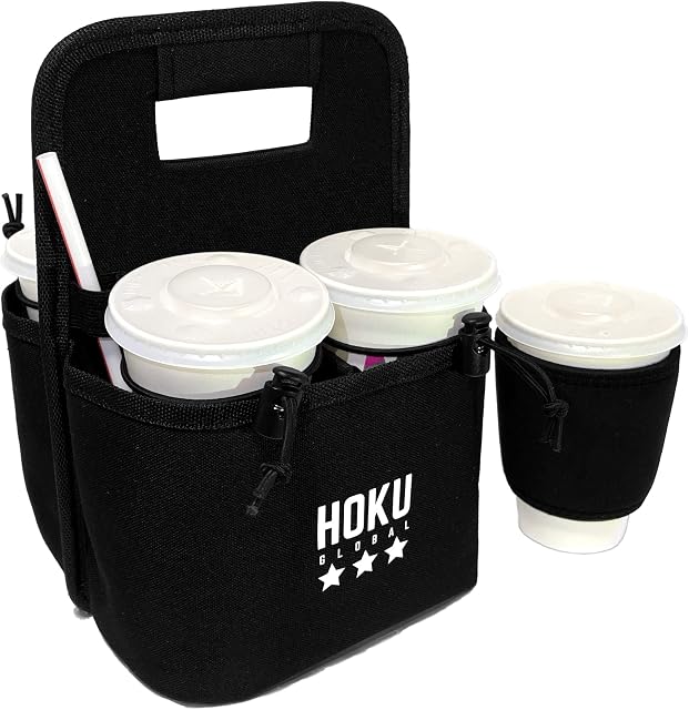Hoku Global Portable Reusable Drink Carrier with Coffee Cup Sleeve - Insulated 4 Cup Holder Caddy - Sturdy Handle for Delivery Take Outs - Organizer Tote Bag for Hot Cold Drinks