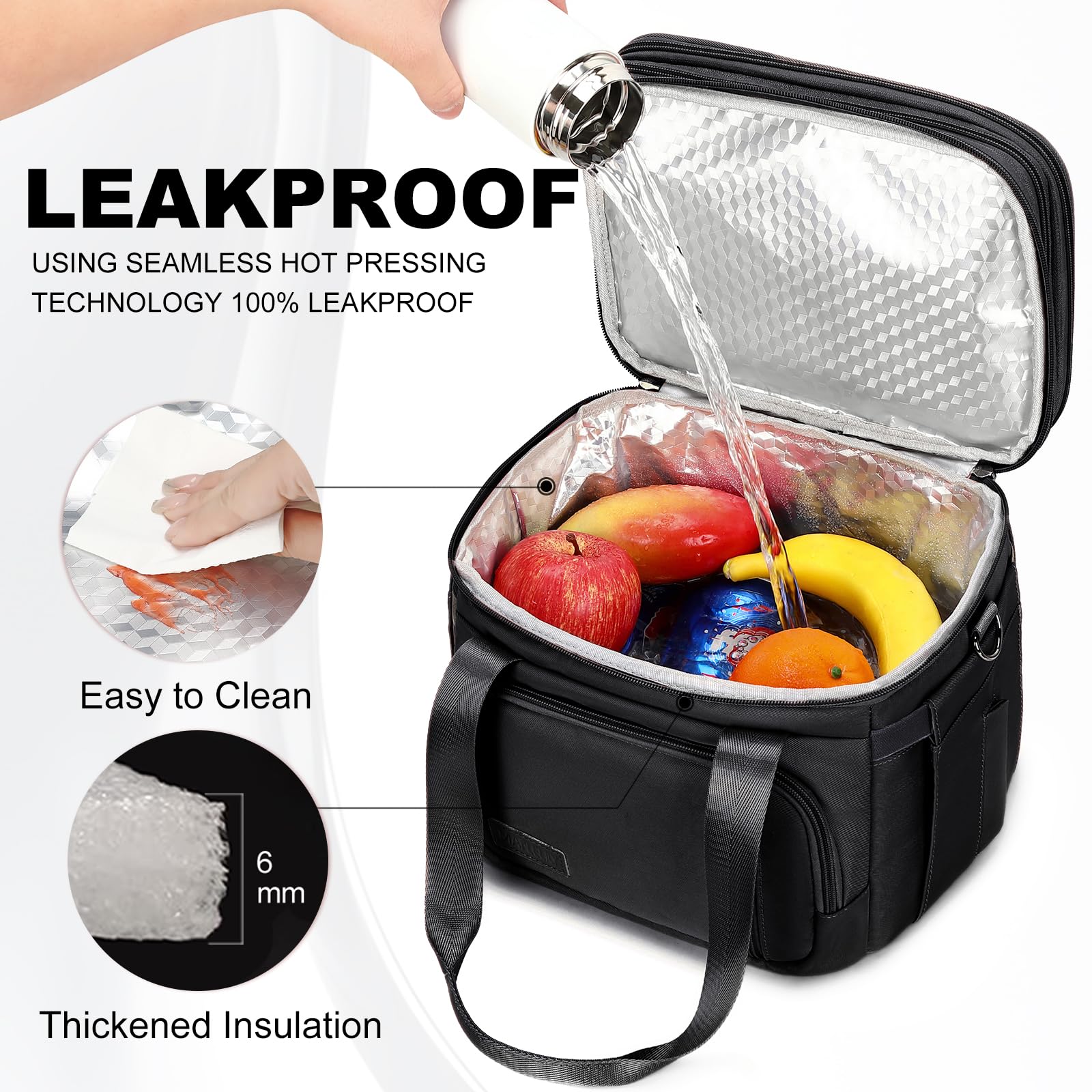 Lonchera para hombres y mujeres, bolsa de almuerzo aislada de doble cubierta, enfriador grande a prueba de fugas, bolsas de almuerzo de doble compartimento abierto con correa para el hombro, 2