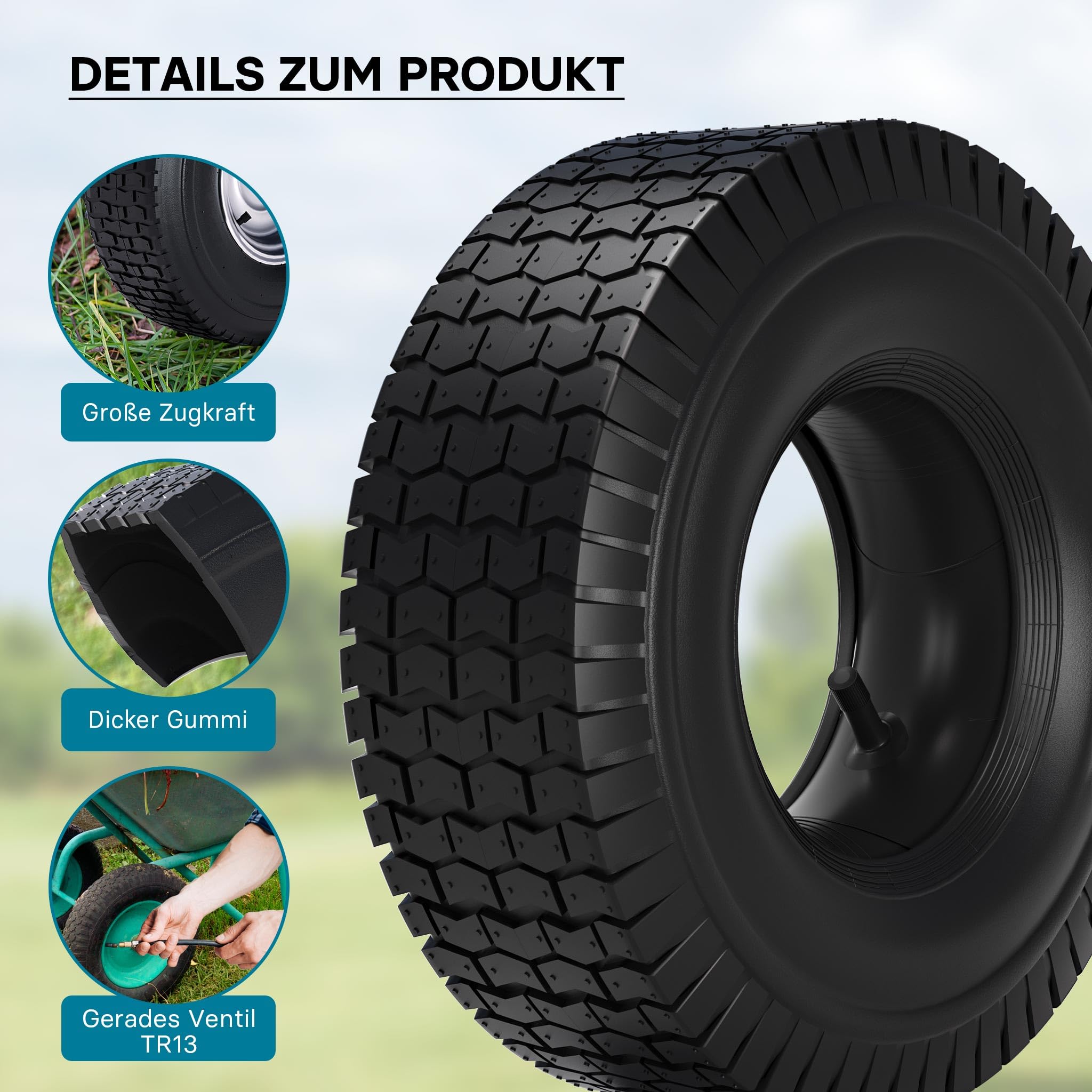 Wiltec Reifen 16x6.50-8 4PR Komplettrad für Aufsitzmäher Rasentraktor mit Schlauch