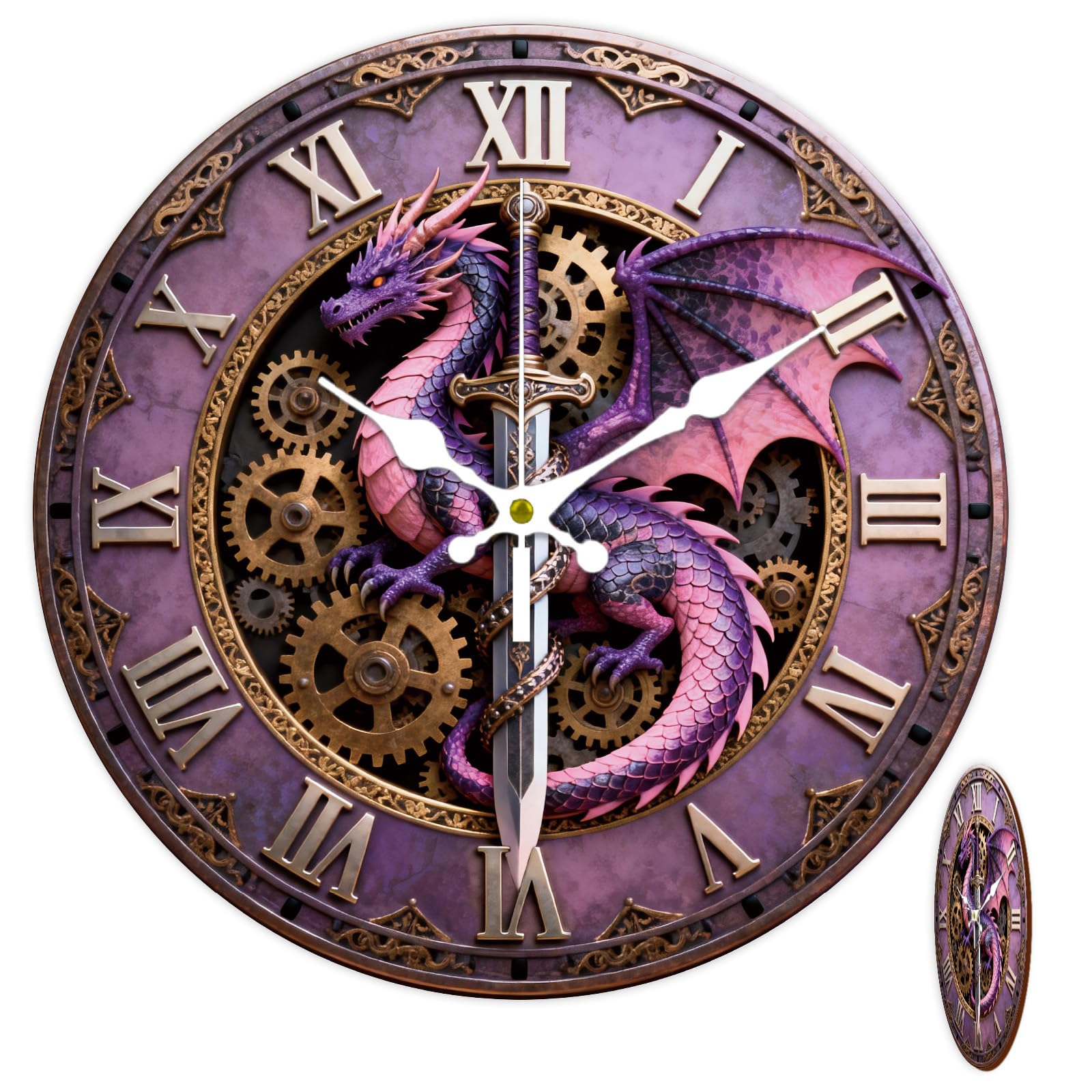 CONCHLERY 12 Inch Steampunk Swords and Dragons Pattern Round Wall Clock Silent Non Ticking Clock, for Home Living Room Bedroom Kitchen Office Decor