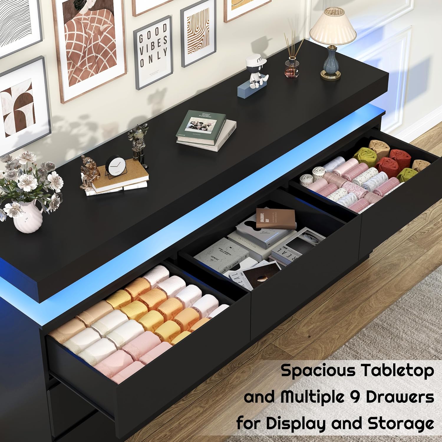 chartustriable 9 Drawer Dresser with LED Light, Modern Chest of Drawers for Closet, 63“ Wide Drawer Organizer Cabinet for Bedroom, Living Room, Entryway, Hallway (Black, 9 Drawers)