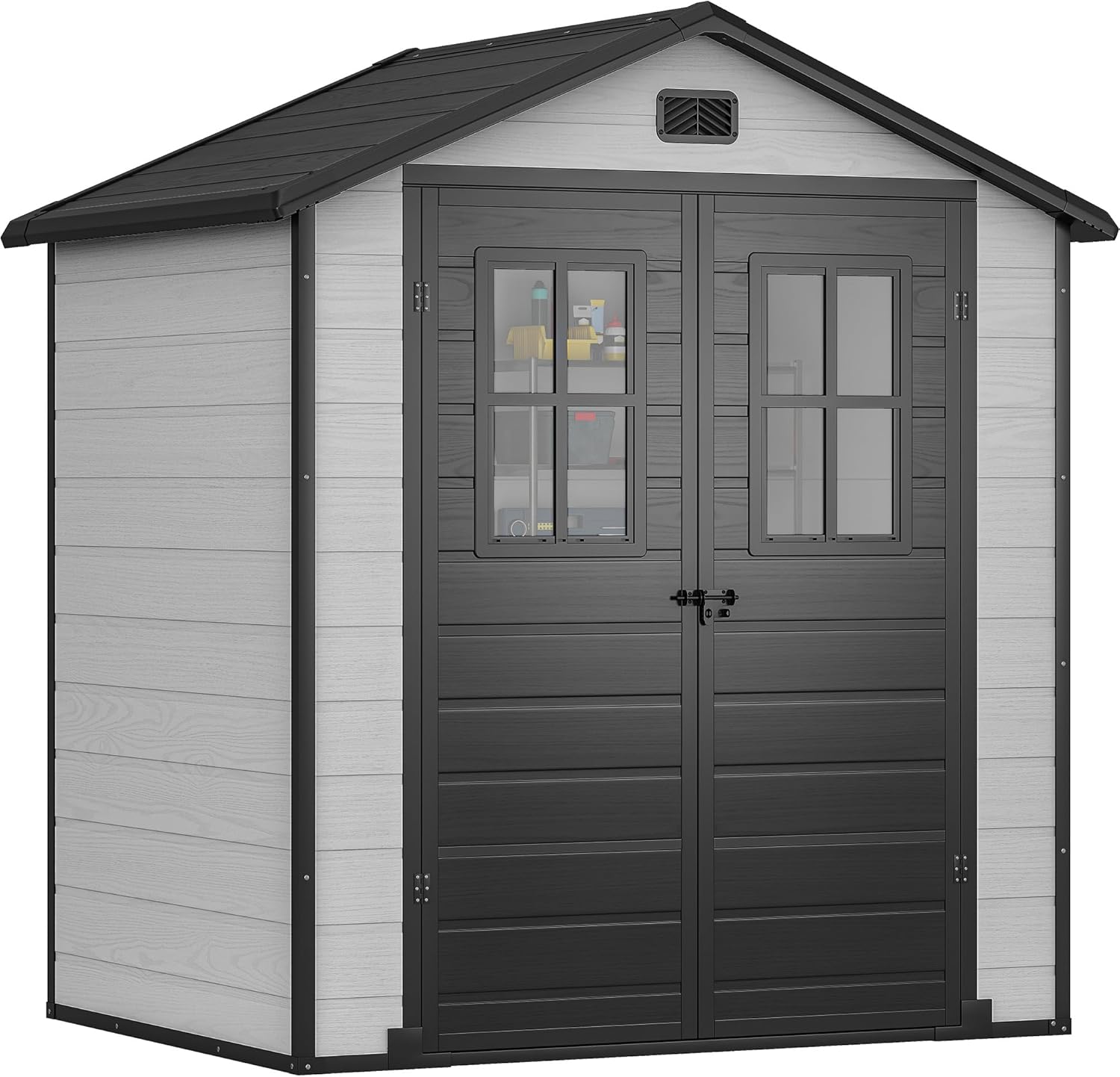 similar to stock photo incomplete DWVO 6x4.4 FT Outdoor Storage Shed, Plastic Garden Tool Shed with 2 Windows, Double-Wall Outside Shed for Lawn Mower, Garden Tool for Backyard, Patio, Lawn, Lockable, Grey & Black