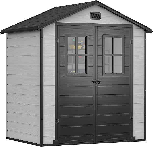 DWVO 6x4.4ft Outdoor Storage Shed, Plastic Garden Tool Shed with 2 Vision Windows, Double-Wall Outside Shed for Mower Lawn, Garden Tool for Backyard Lawn Patio, Lockable, Grey&Black - 1